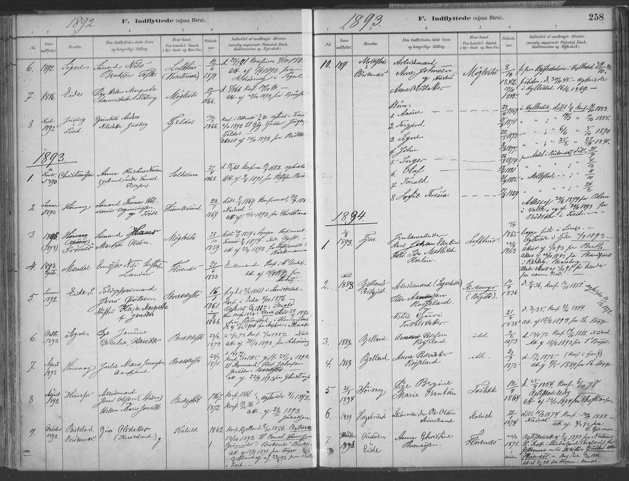 Vestre Moland sokneprestkontor, SAK/1111-0046/F/Fa/Fab/L0009: Parish register (official) no. A 9, 1884-1899, p. 258