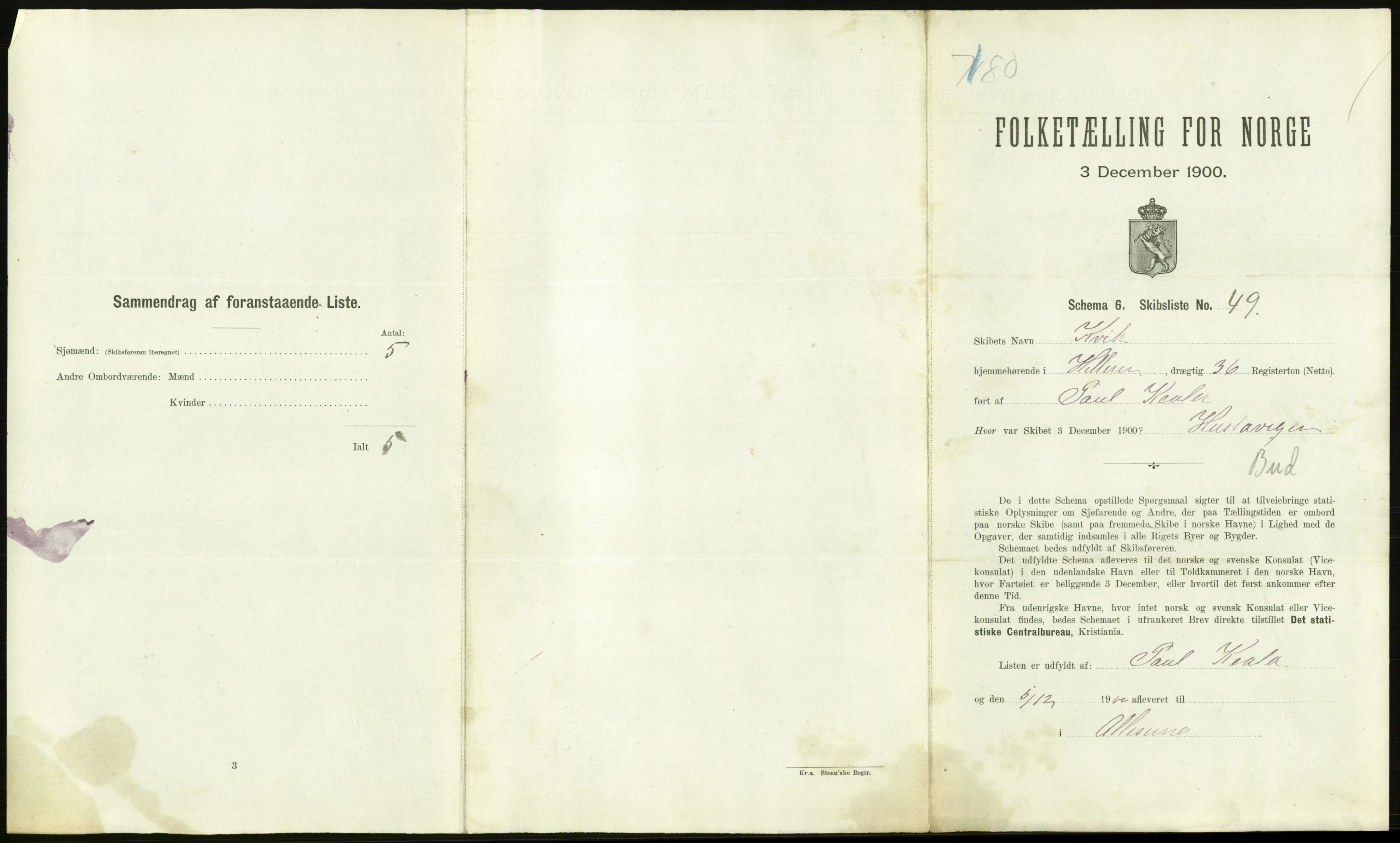 RA, 1900 Census - ship lists from ships in Norwegian harbours, harbours abroad and at sea, 1900, p. 1595