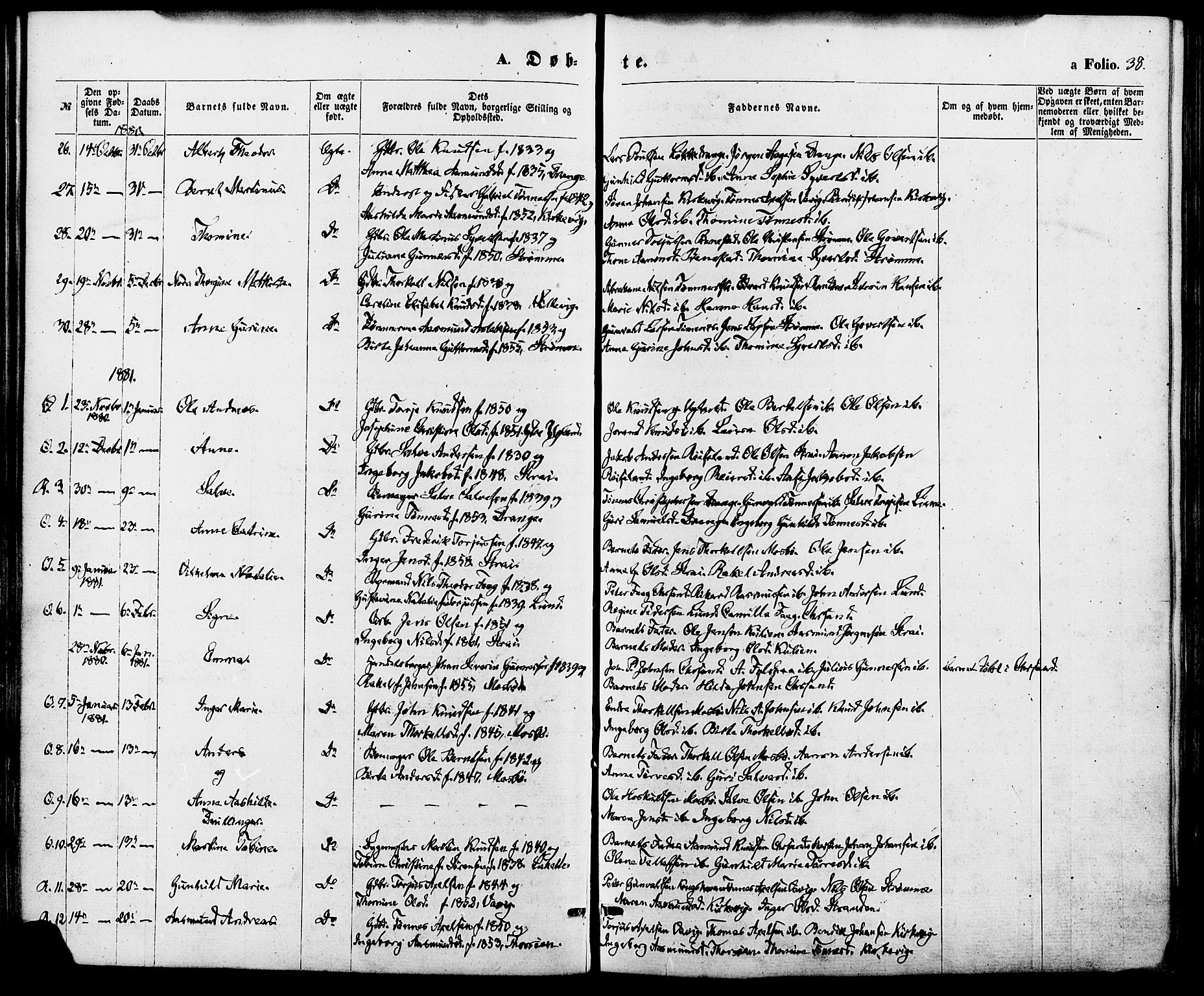 Oddernes sokneprestkontor, SAK/1111-0033/F/Fa/Fab/L0001: Parish register (official) no. A 1, 1865-1884, p. 38