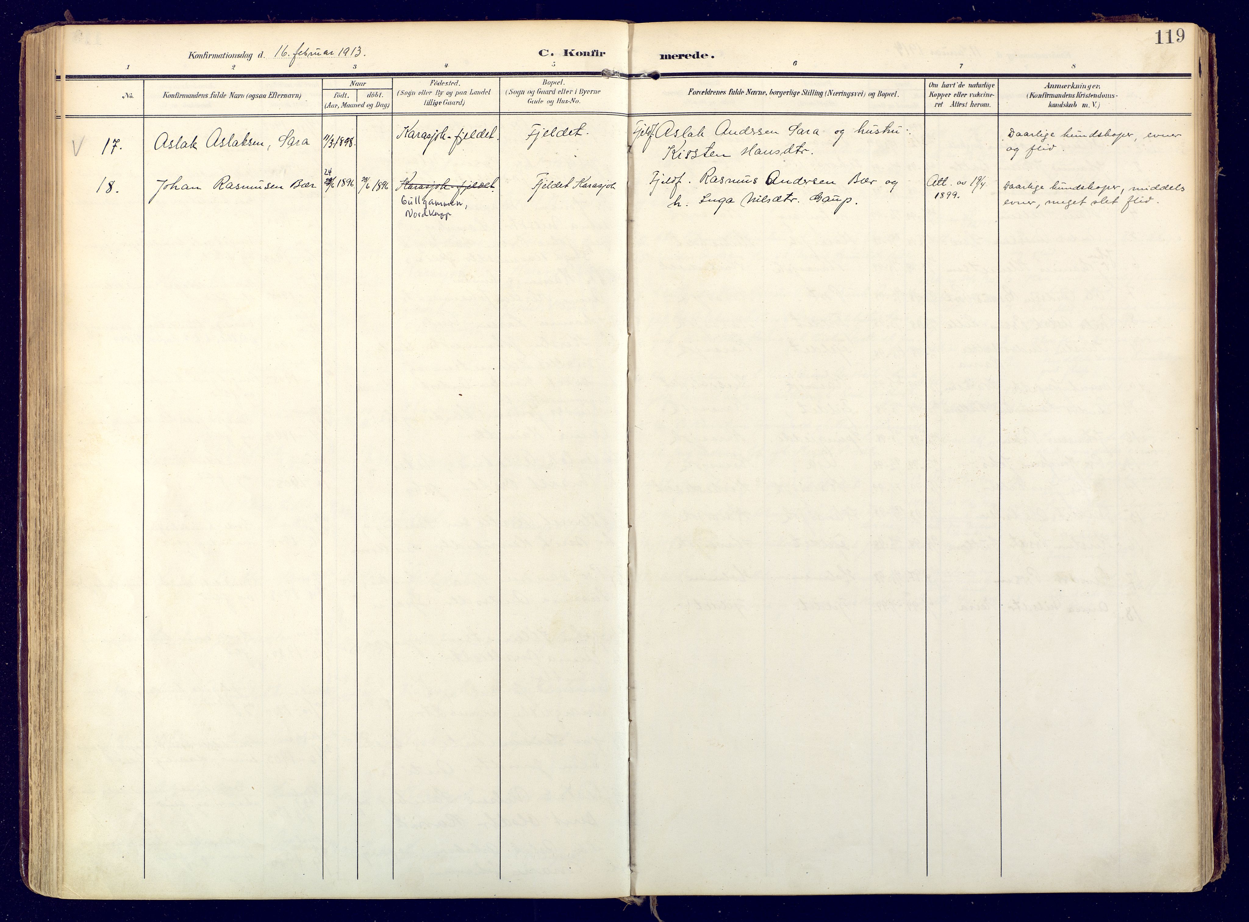 Karasjok sokneprestkontor, SATØ/S-1352/H/Ha: Parish register (official) no. 3, 1907-1926, p. 119