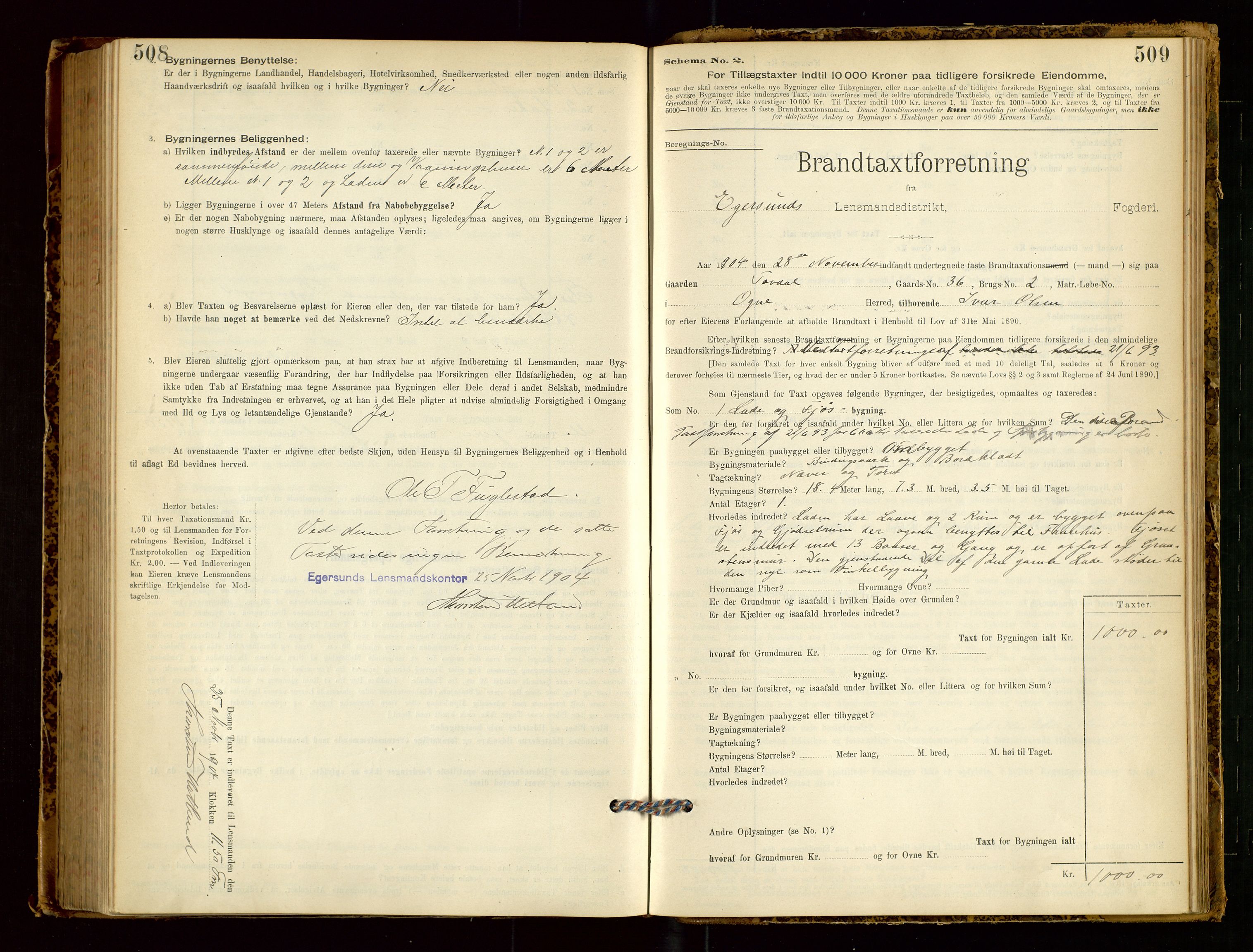 Eigersund lensmannskontor, SAST/A-100171/Gob/L0001: Skjemaprotokoll, 1894-1909, p. 508-509