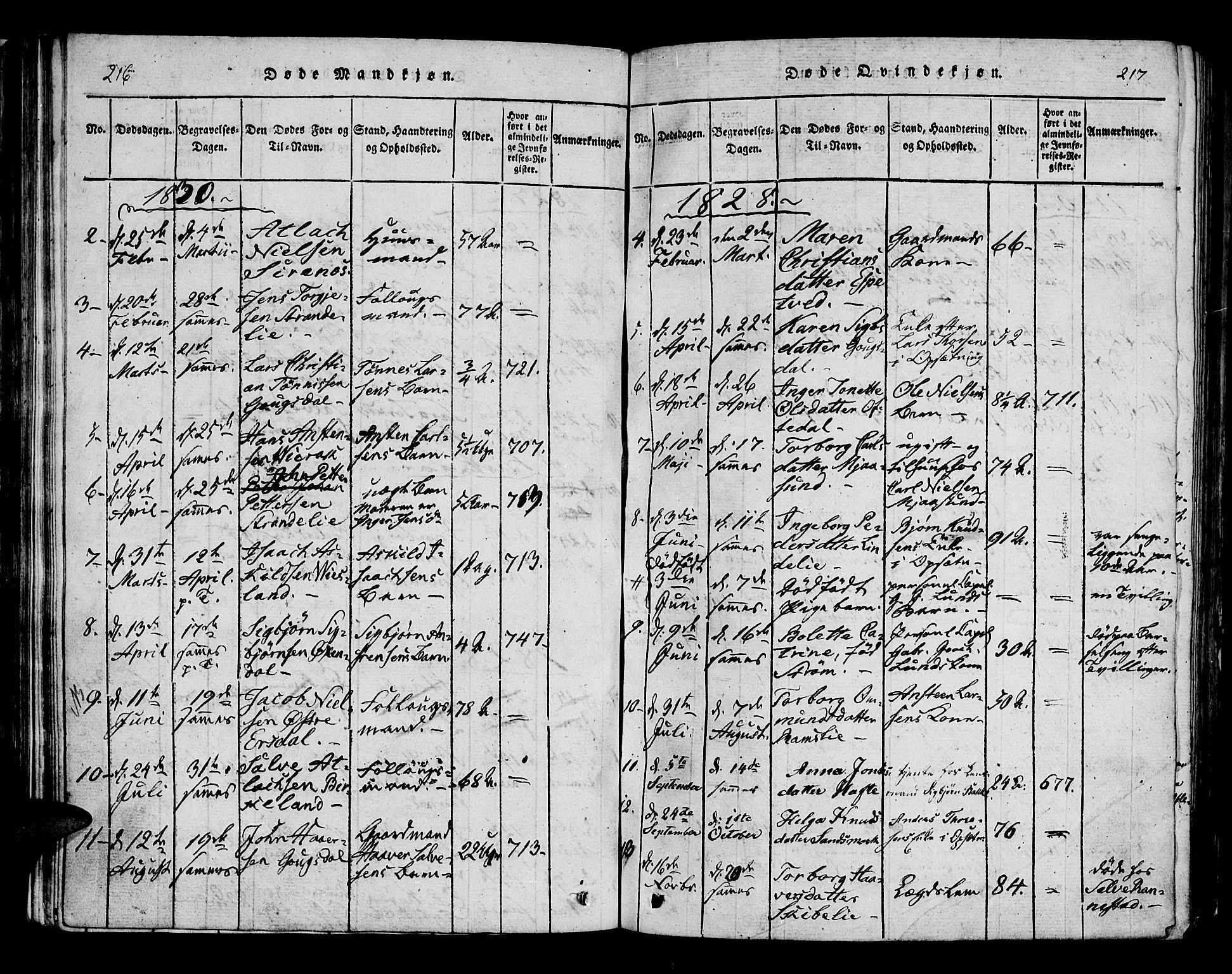 Bakke sokneprestkontor, SAK/1111-0002/F/Fa/Faa/L0003: Parish register (official) no. A 3, 1815-1835, p. 216-217