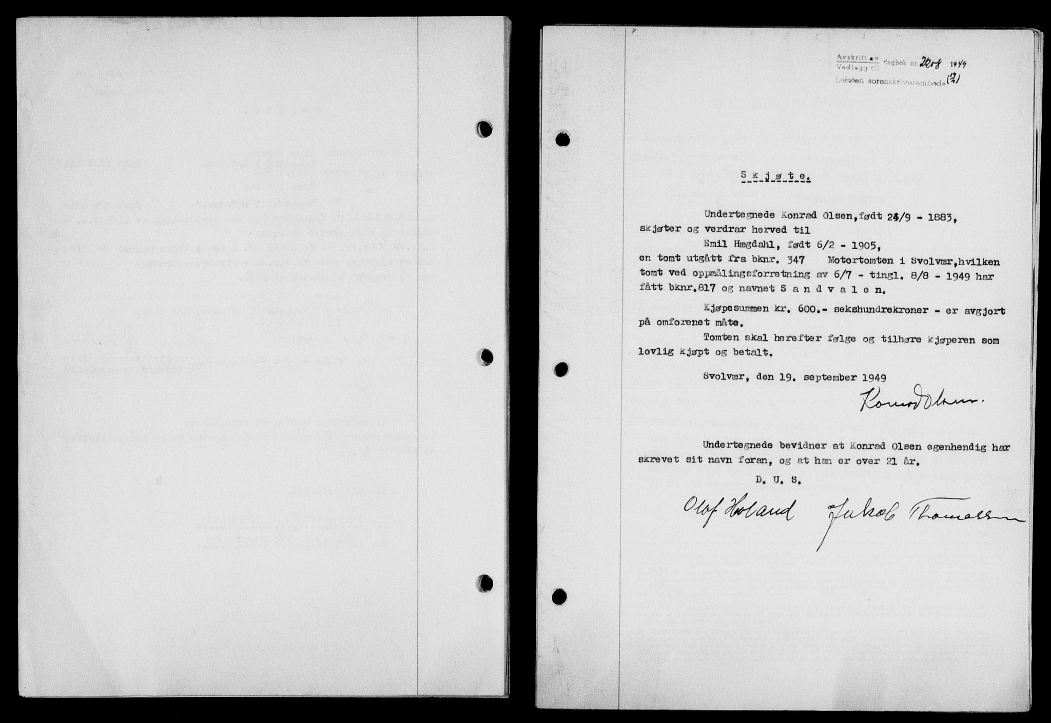 Lofoten sorenskriveri, SAT/A-0017/1/2/2C/L0021a: Mortgage book no. 21a, 1949-1949, Diary no: : 2208/1949