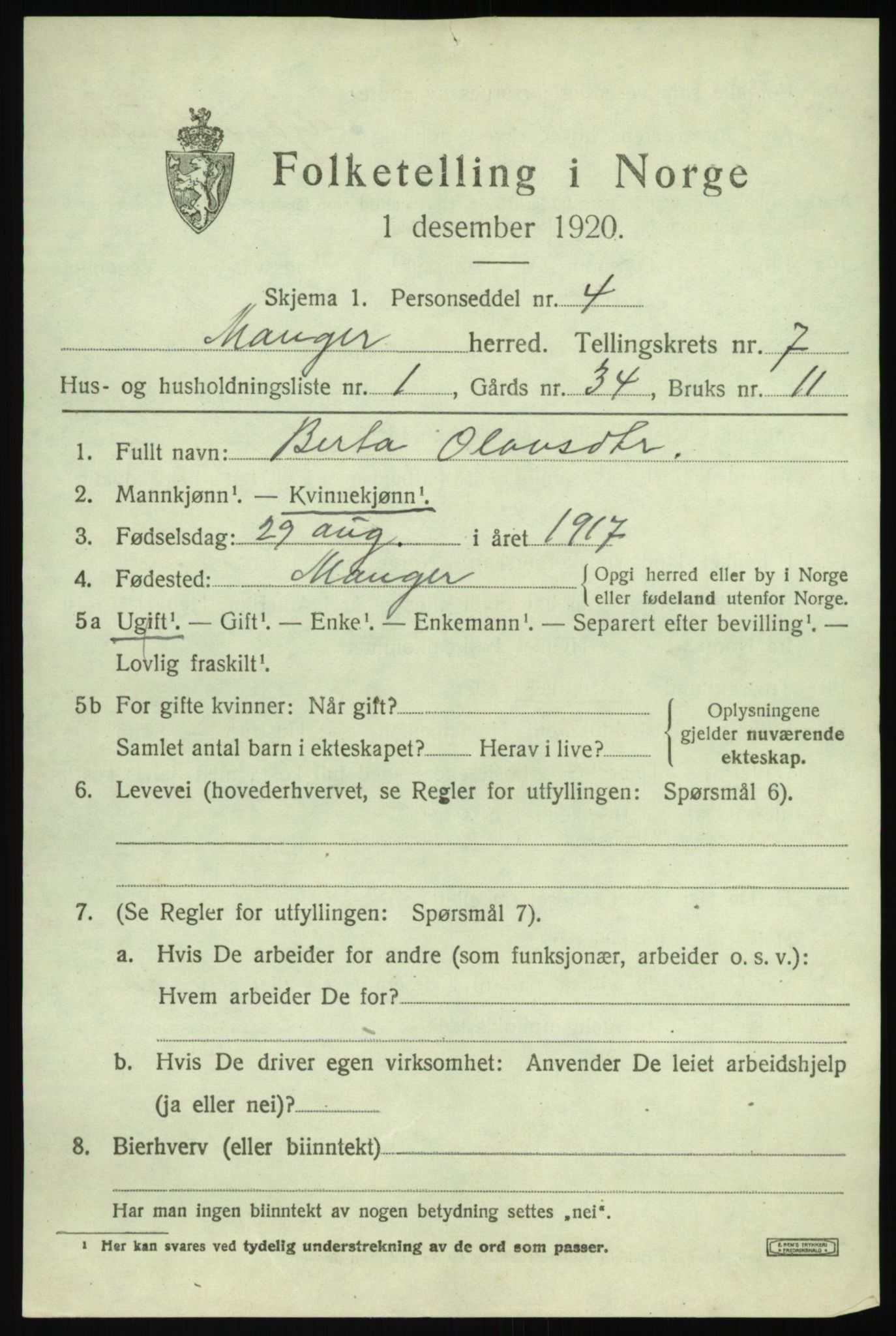 SAB, 1920 census for Manger, 1920, p. 4309