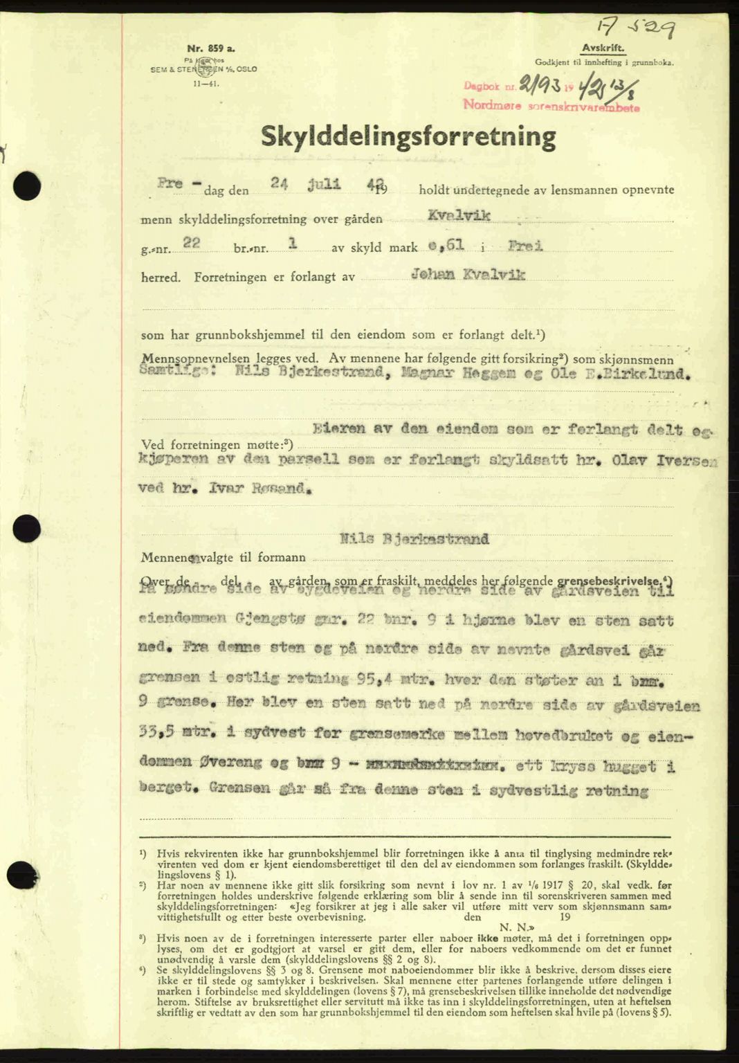 Nordmøre sorenskriveri, AV/SAT-A-4132/1/2/2Ca: Mortgage book no. A93, 1942-1942, Diary no: : 2193/1942