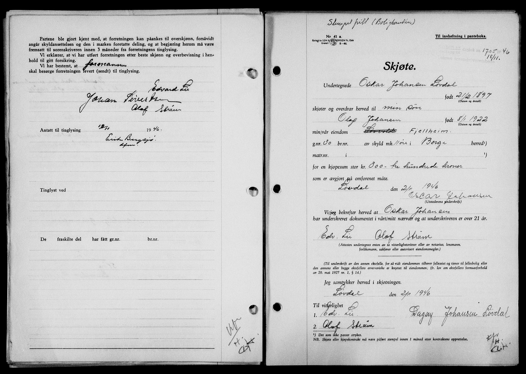 Lofoten sorenskriveri, SAT/A-0017/1/2/2C/L0015a: Mortgage book no. 15a, 1946-1947, Diary no: : 1705/1946