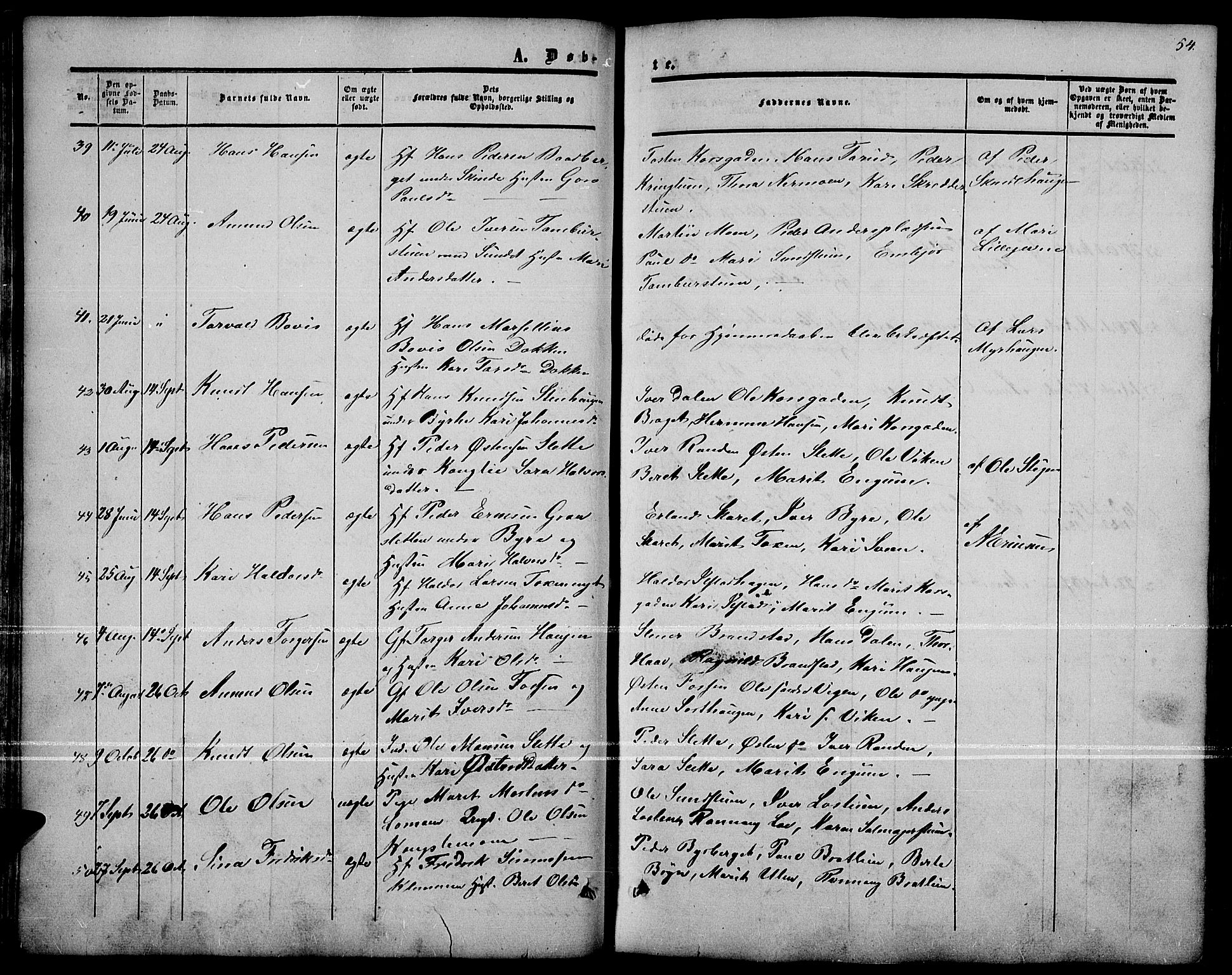 Nord-Fron prestekontor, AV/SAH-PREST-080/H/Ha/Hab/L0001: Parish register (copy) no. 1, 1851-1883, p. 54