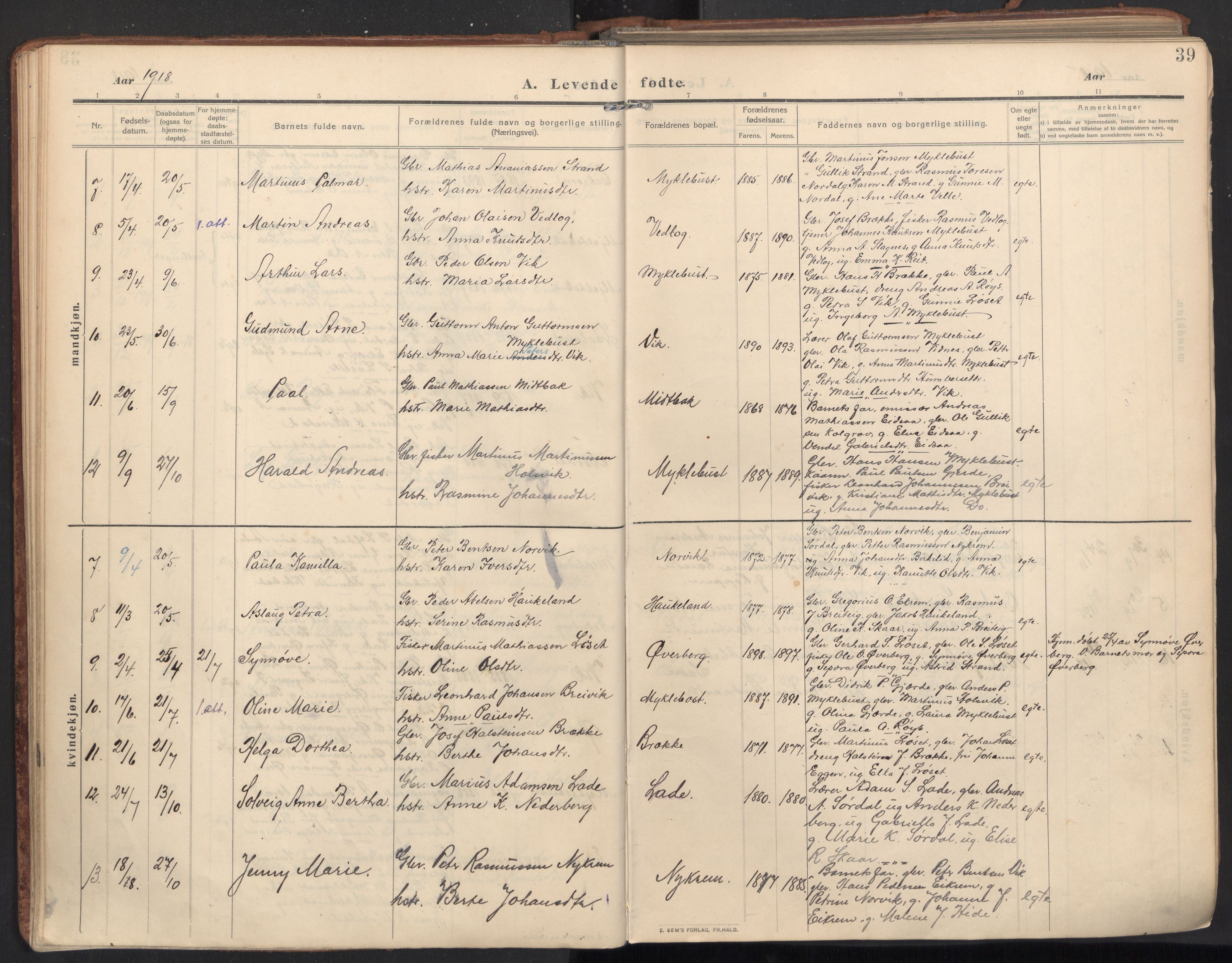 Ministerialprotokoller, klokkerbøker og fødselsregistre - Møre og Romsdal, AV/SAT-A-1454/502/L0026: Parish register (official) no. 502A04, 1909-1933, p. 39