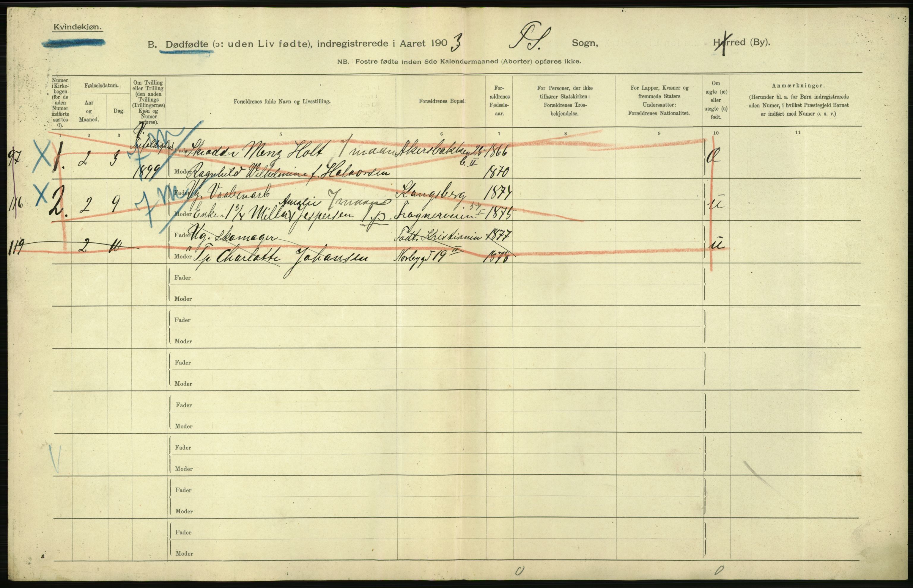 Statistisk sentralbyrå, Sosiodemografiske emner, Befolkning, AV/RA-S-2228/D/Df/Dfa/Dfaa/L0026: Smålenenes - Finnmarkens amt: Dødfødte. Byer., 1903, p. 8