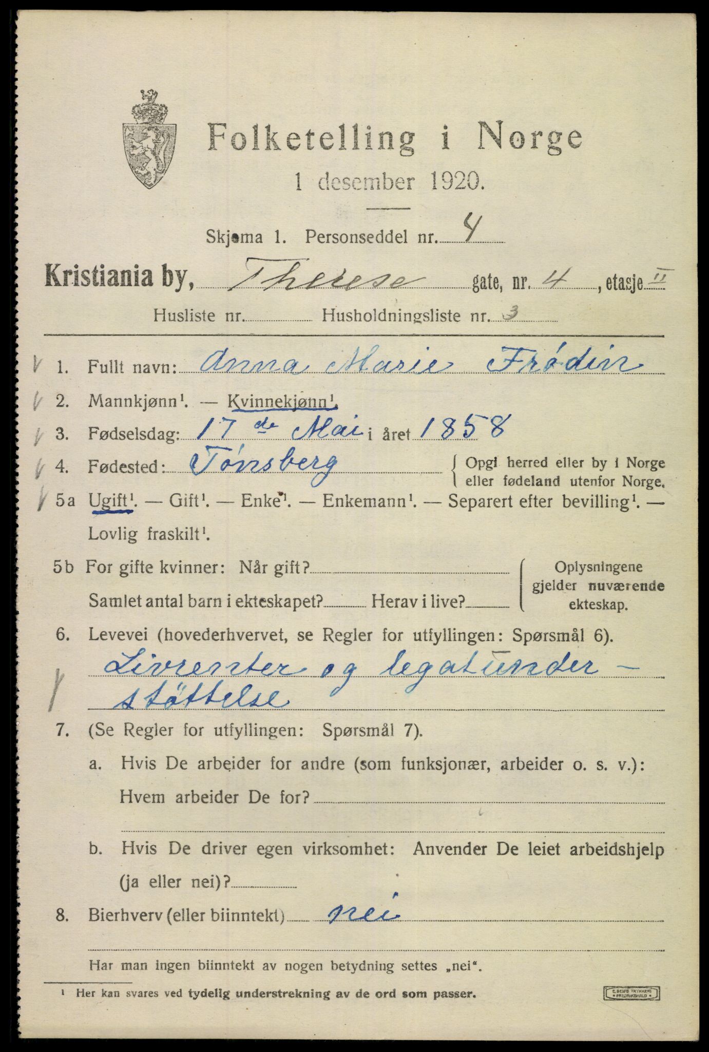 SAO, 1920 census for Kristiania, 1920, p. 566095