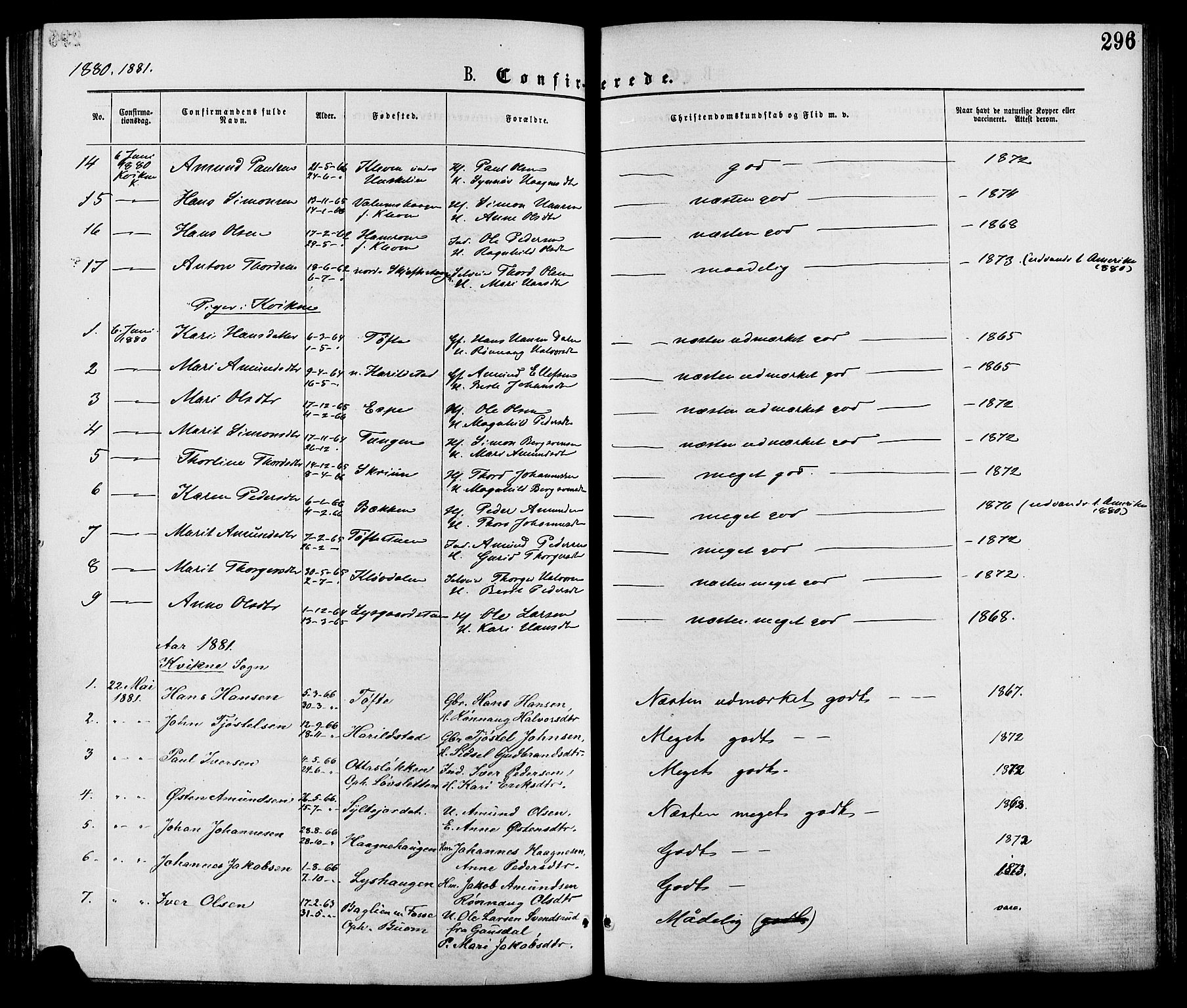 Nord-Fron prestekontor, SAH/PREST-080/H/Ha/Haa/L0002: Parish register (official) no. 2, 1865-1883, p. 296