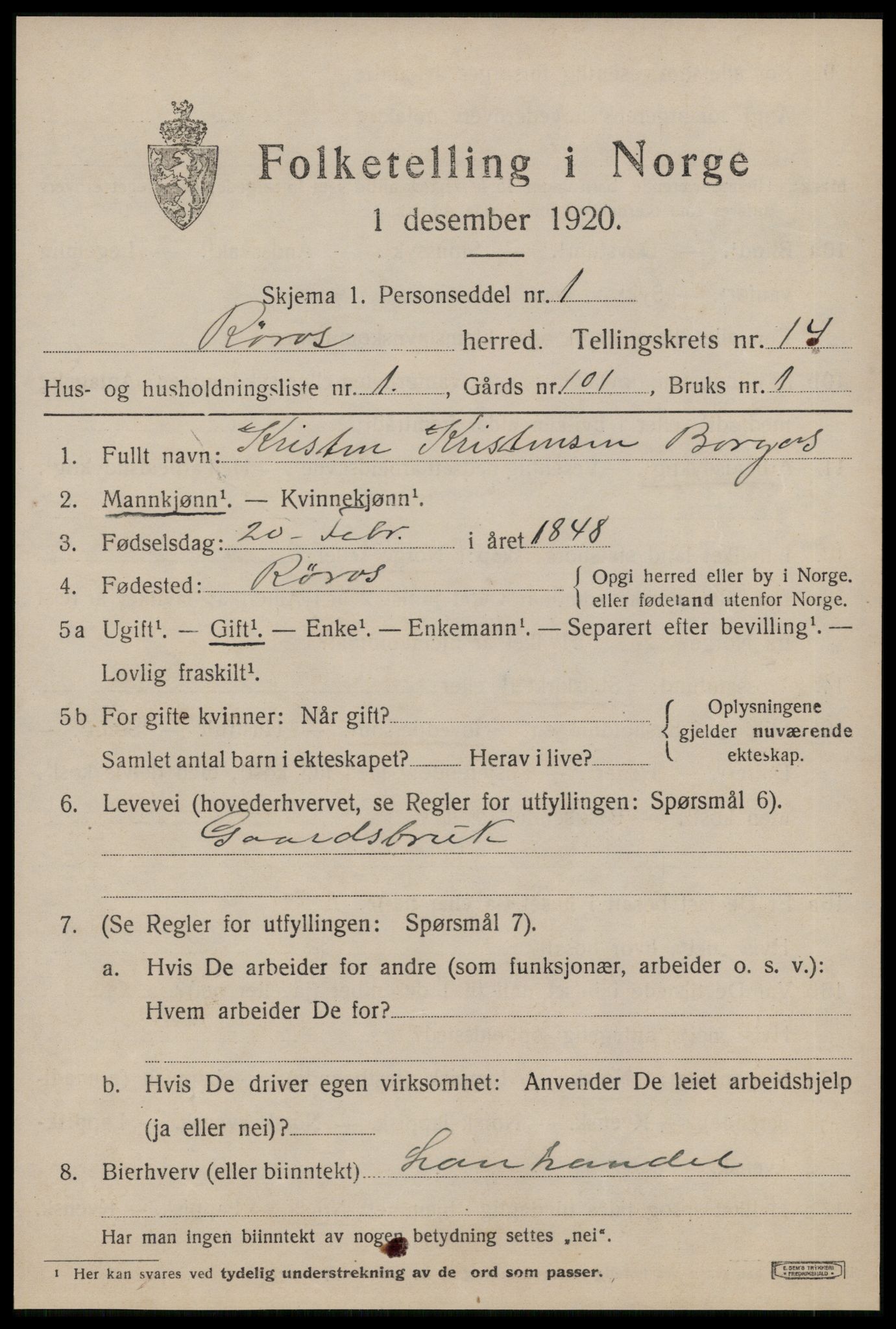 SAT, 1920 census for Røros, 1920, p. 9668