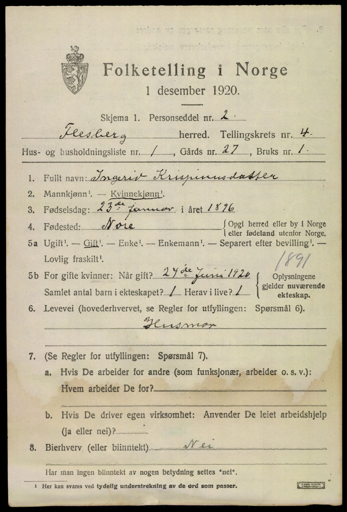 SAKO, 1920 census for Flesberg, 1920, p. 2157