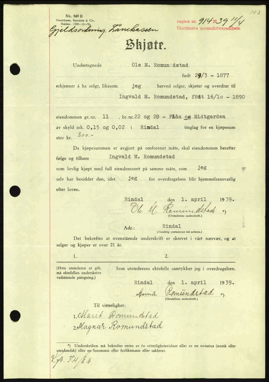 Nordmøre sorenskriveri, AV/SAT-A-4132/1/2/2Ca: Mortgage book no. A86, 1939-1939, Diary no: : 914/1939