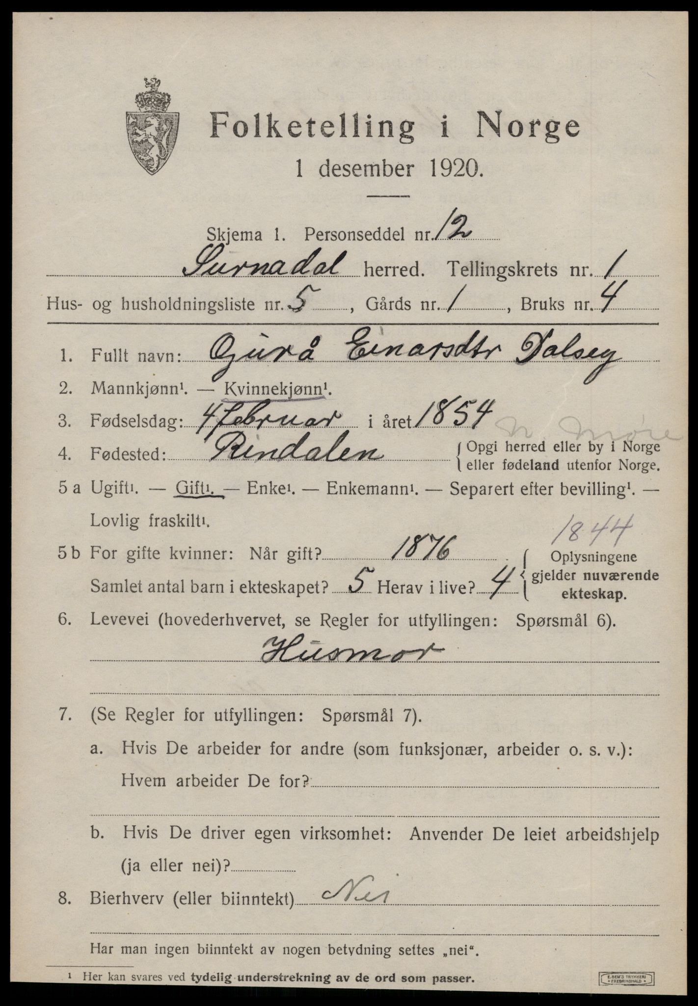 SAT, 1920 census for Surnadal, 1920, p. 1159
