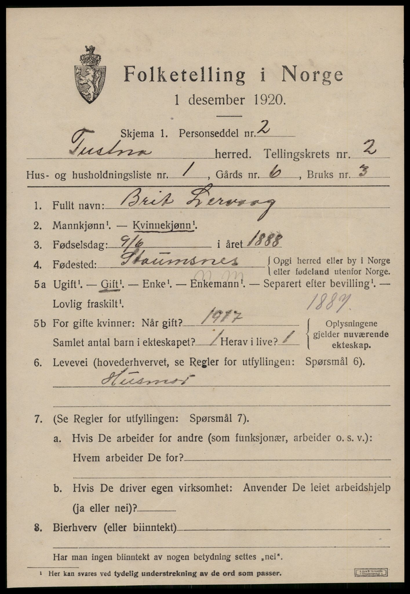 SAT, 1920 census for Tustna, 1920, p. 895