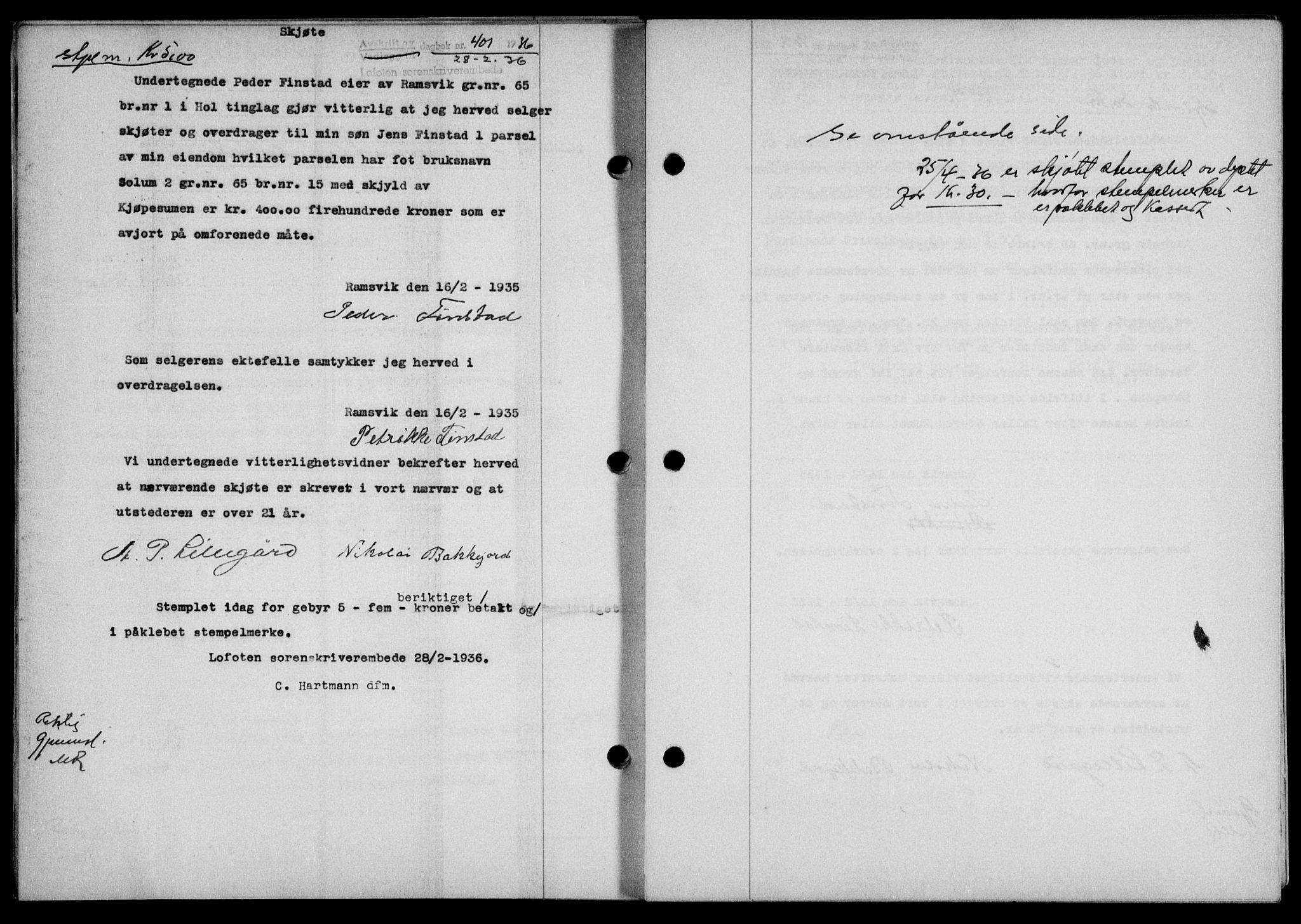 Lofoten sorenskriveri, SAT/A-0017/1/2/2C/L0033b: Mortgage book no. 33b, 1936-1936, Diary no: : 401/1936