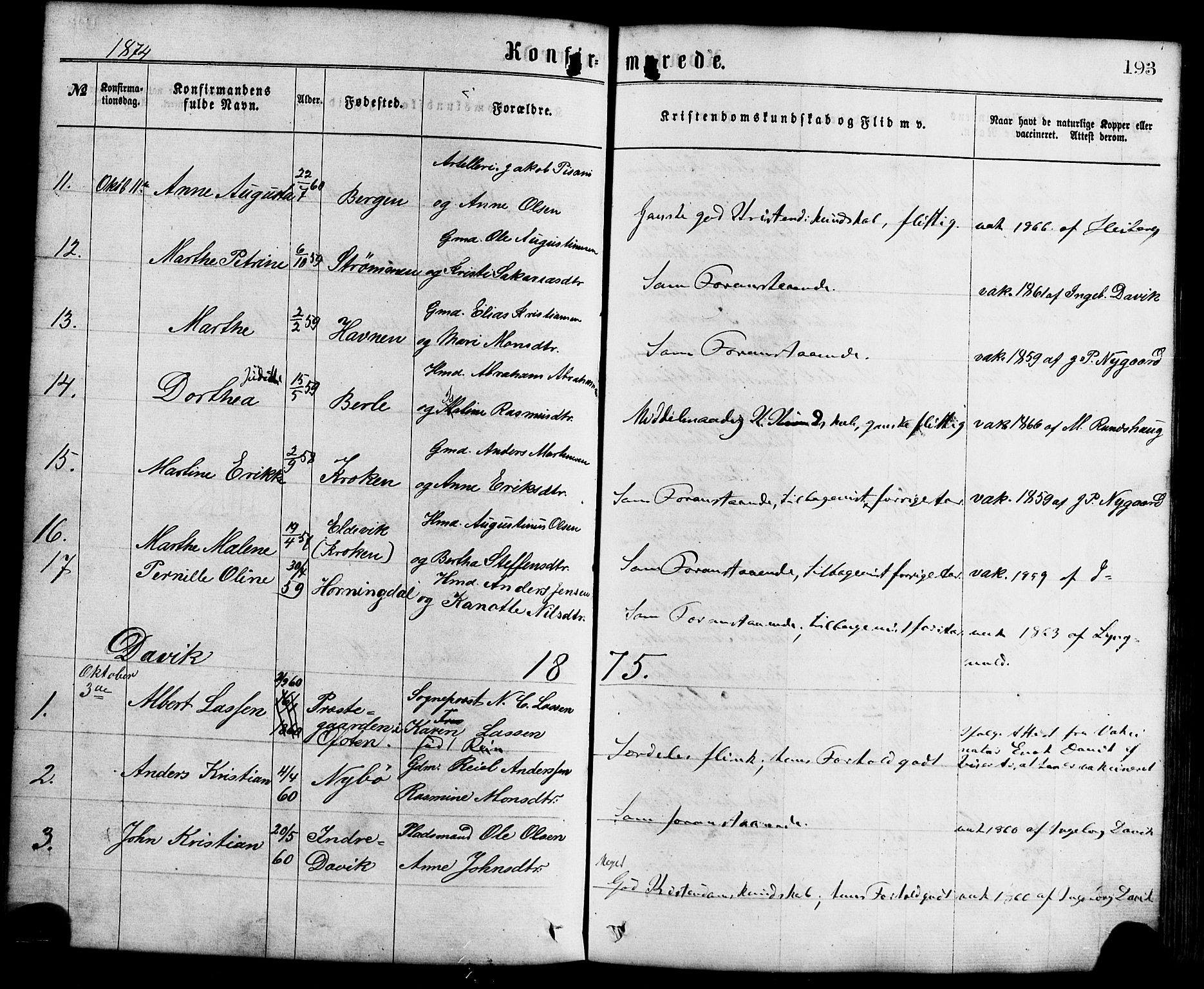 Davik sokneprestembete, SAB/A-79701/H/Haa/Haaa/L0006: Parish register (official) no. A 6, 1867-1881, p. 193