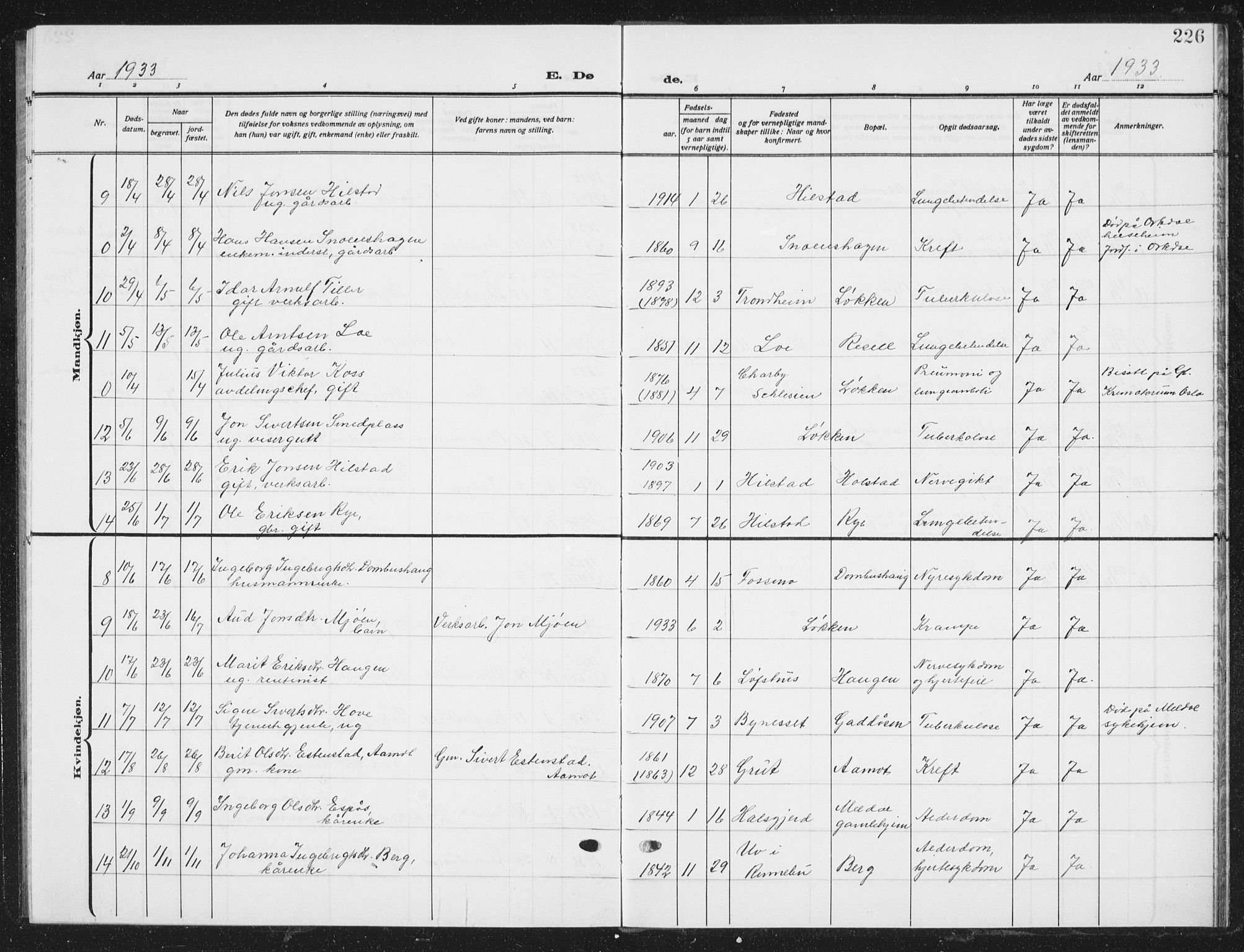 Ministerialprotokoller, klokkerbøker og fødselsregistre - Sør-Trøndelag, SAT/A-1456/672/L0866: Parish register (copy) no. 672C05, 1929-1939, p. 226