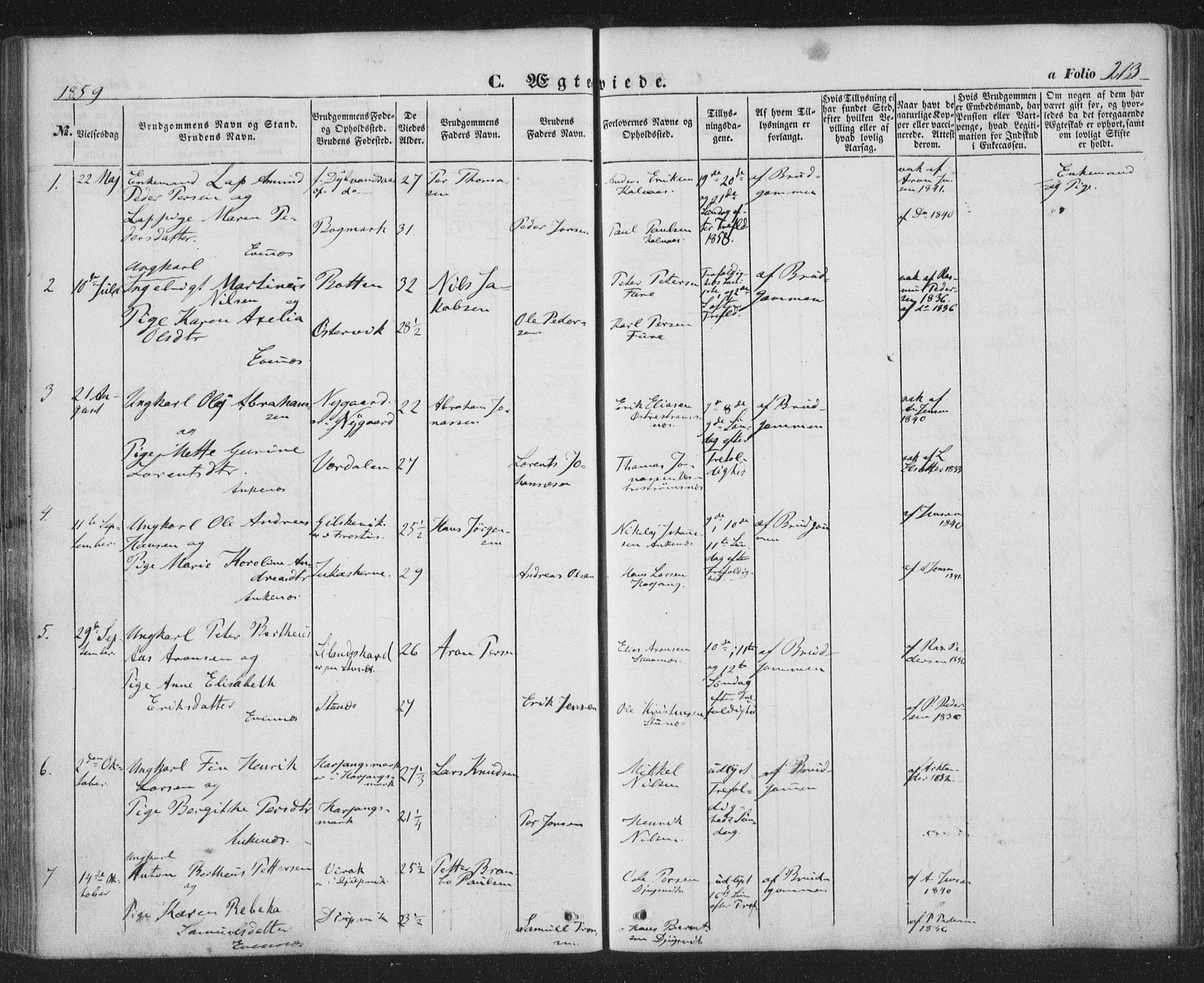 Ministerialprotokoller, klokkerbøker og fødselsregistre - Nordland, SAT/A-1459/863/L0895: Parish register (official) no. 863A07, 1851-1860, p. 213