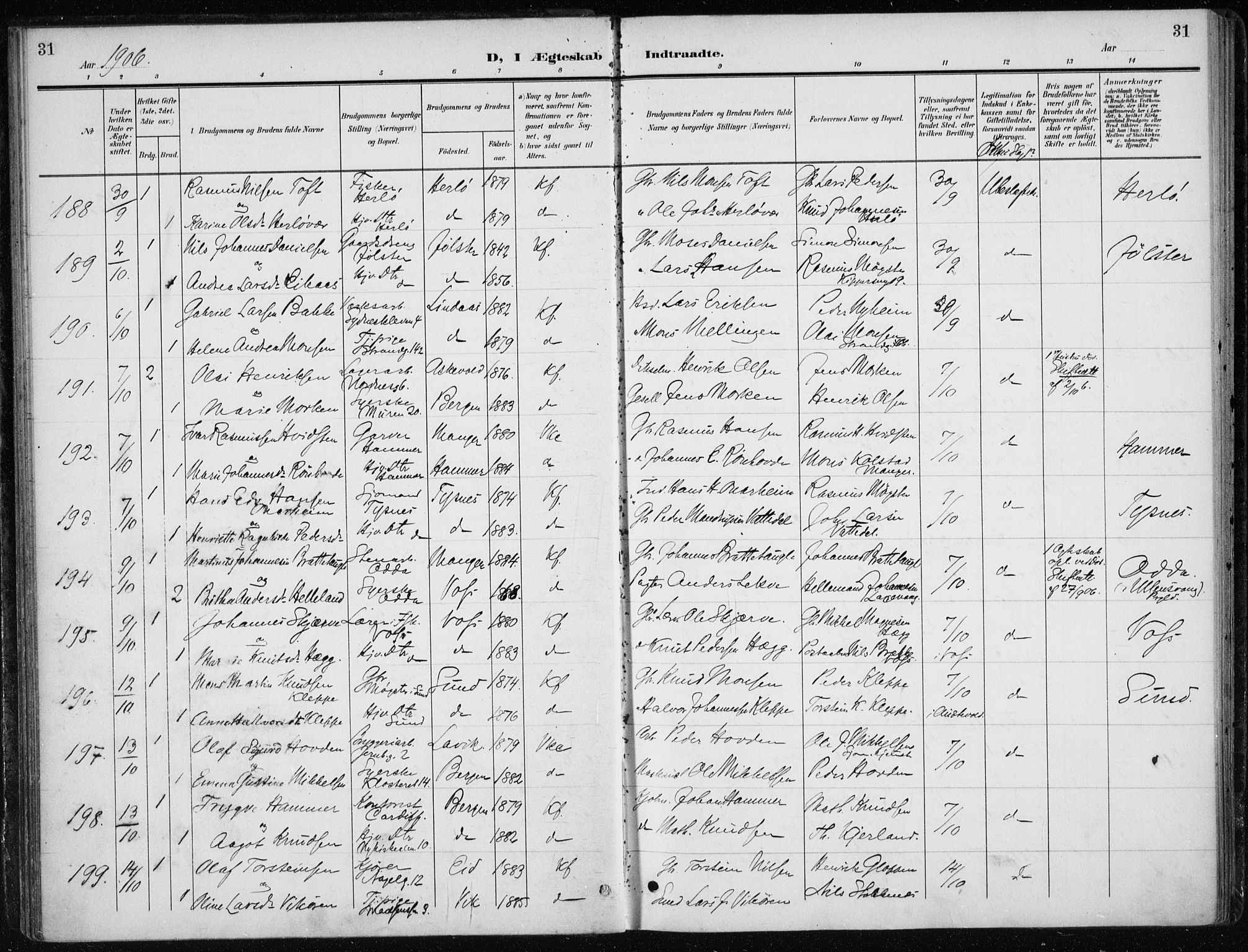 Nykirken Sokneprestembete, AV/SAB-A-77101/H/Haa/L0035: Parish register (official) no. D 5, 1905-1913, p. 31