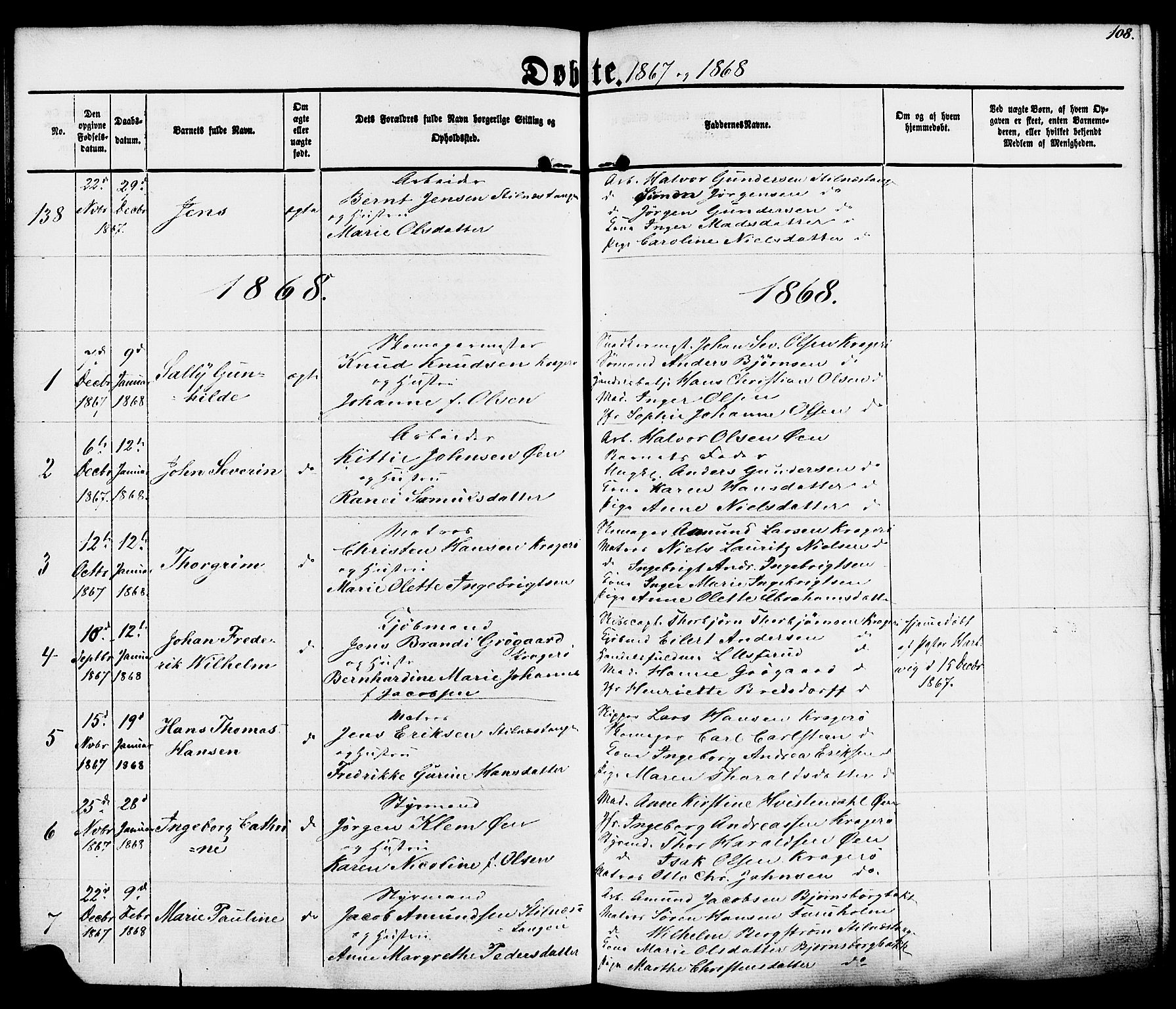 Kragerø kirkebøker, SAKO/A-278/F/Fa/L0007: Parish register (official) no. 7, 1861-1875, p. 108