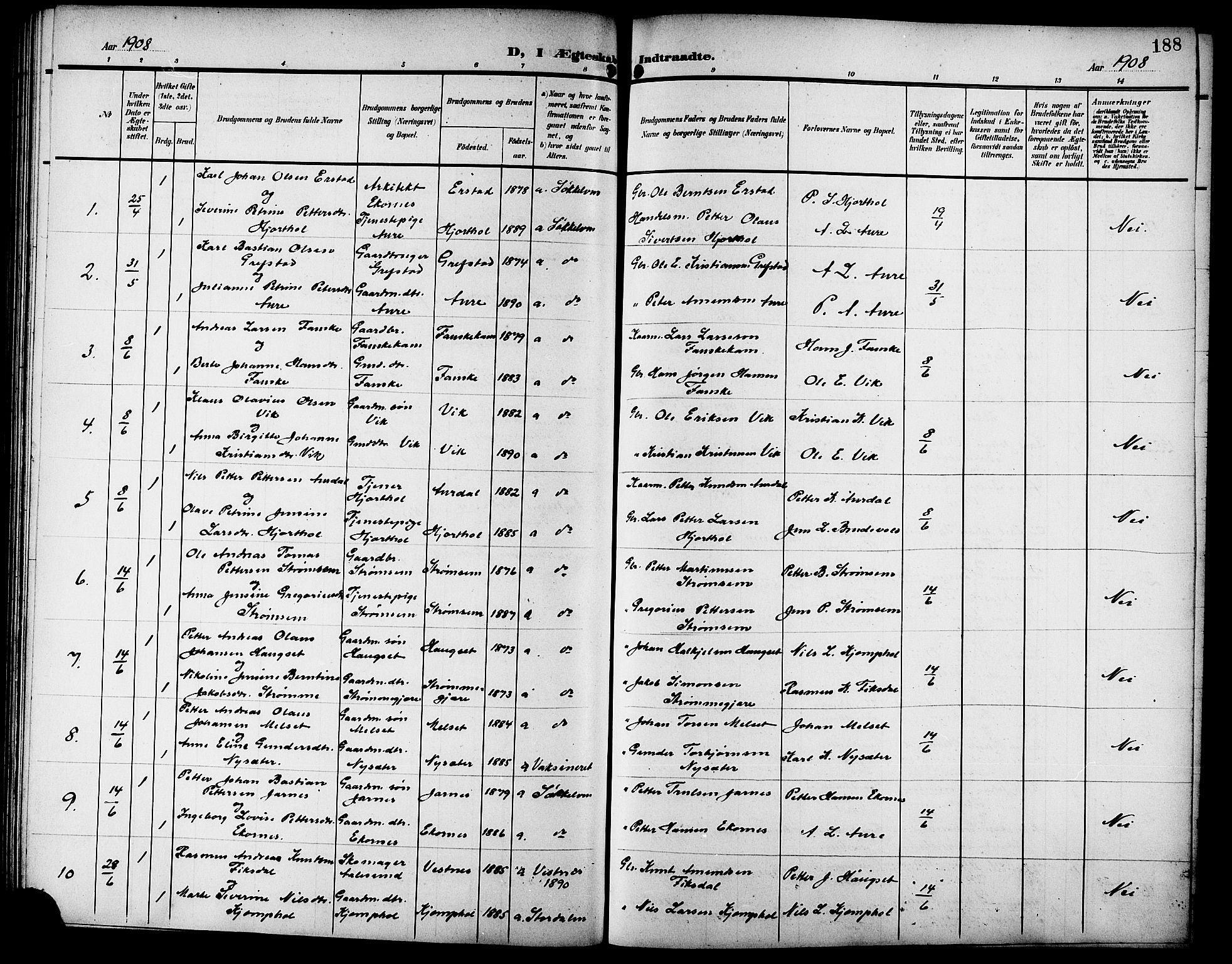 Ministerialprotokoller, klokkerbøker og fødselsregistre - Møre og Romsdal, SAT/A-1454/523/L0341: Parish register (copy) no. 523C04, 1903-1916, p. 188