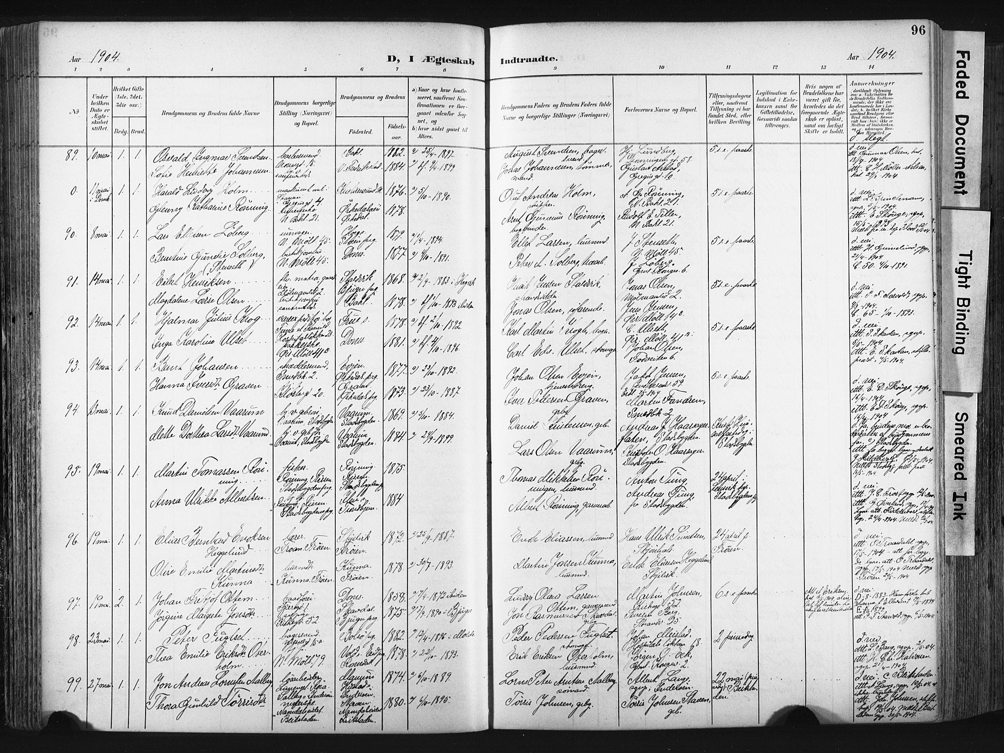 Ministerialprotokoller, klokkerbøker og fødselsregistre - Sør-Trøndelag, AV/SAT-A-1456/604/L0201: Parish register (official) no. 604A21, 1901-1911, p. 96