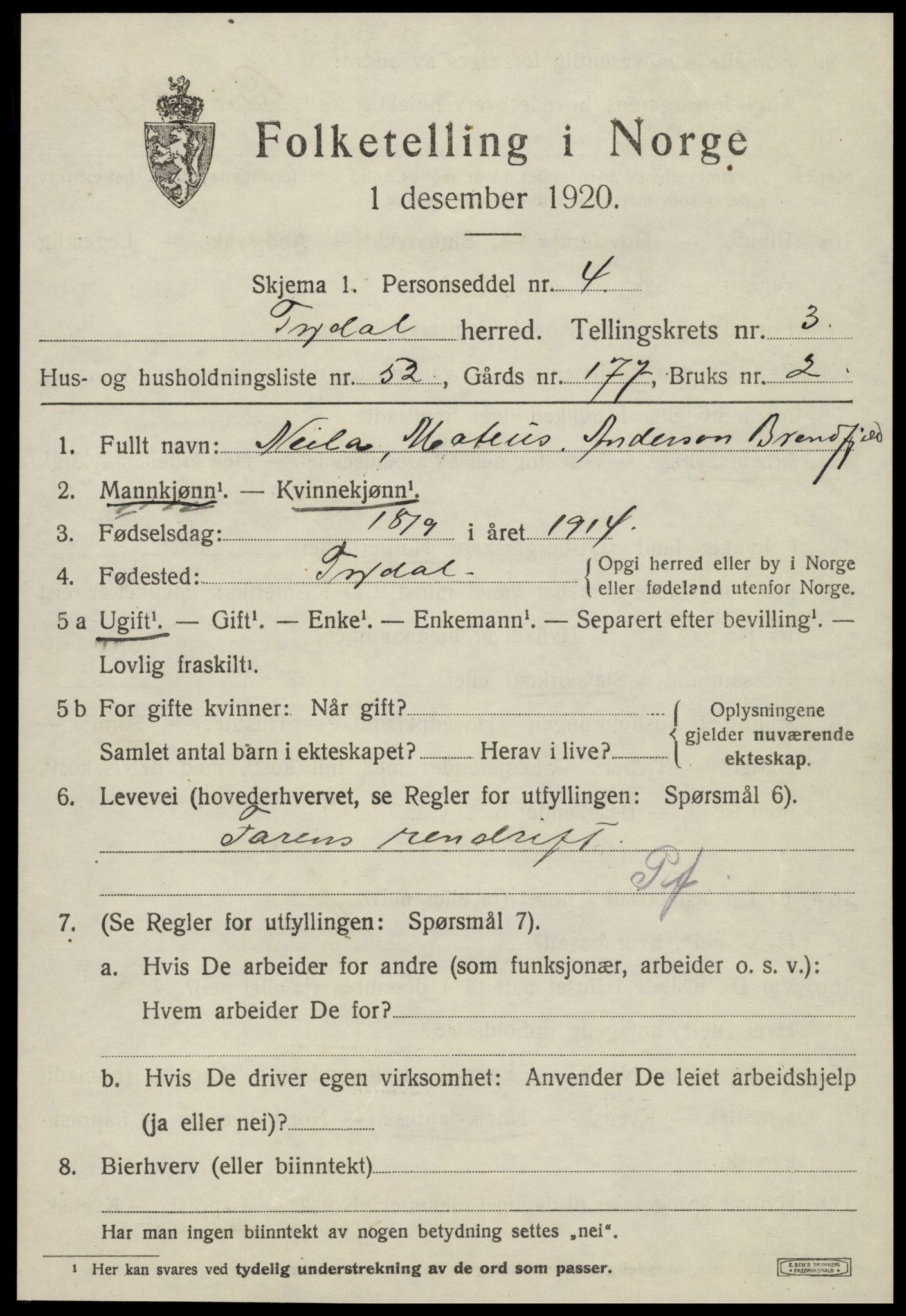 SAT, 1920 census for Tydal, 1920, p. 1499