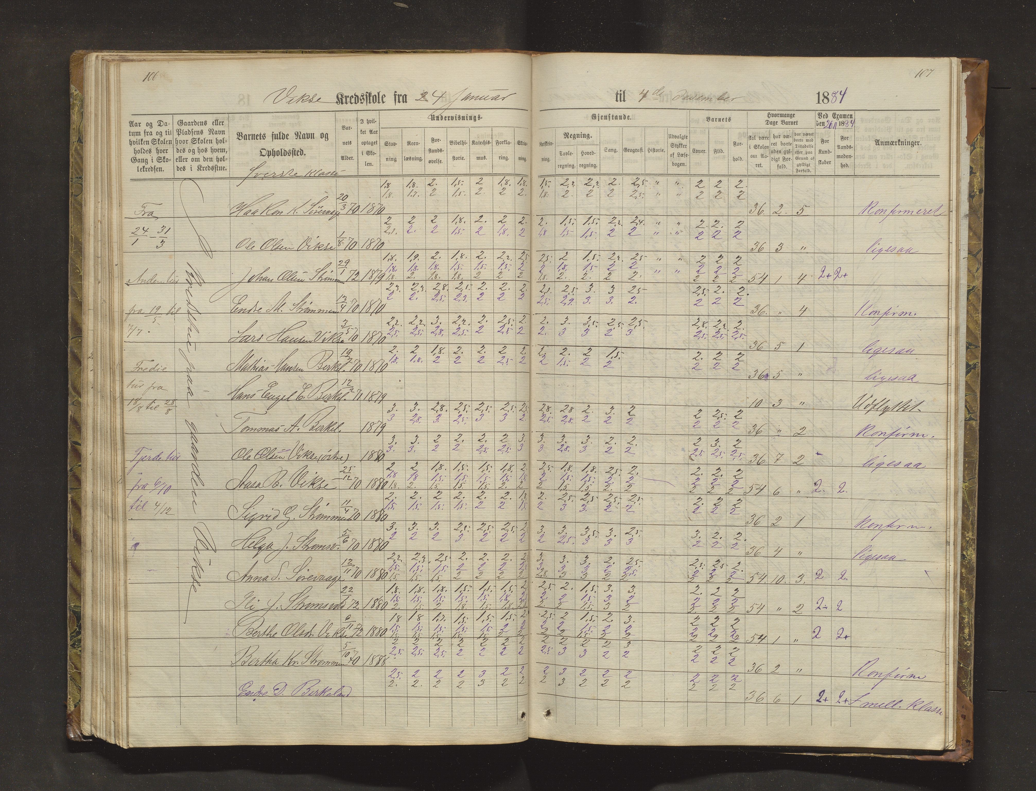 Sveio kommune. Barneskulane, IKAH/1216-231/F/Fa/L0018: Skuleprotokoll for Nordre Våge, Eilerås, Våge og Vikse krinsskular, 1870-1889, p. 106-107