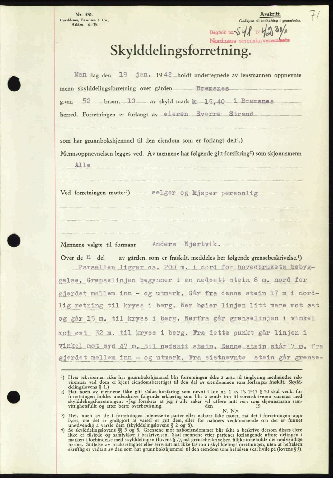 Nordmøre sorenskriveri, AV/SAT-A-4132/1/2/2Ca: Mortgage book no. A92, 1942-1942, Diary no: : 541/1942