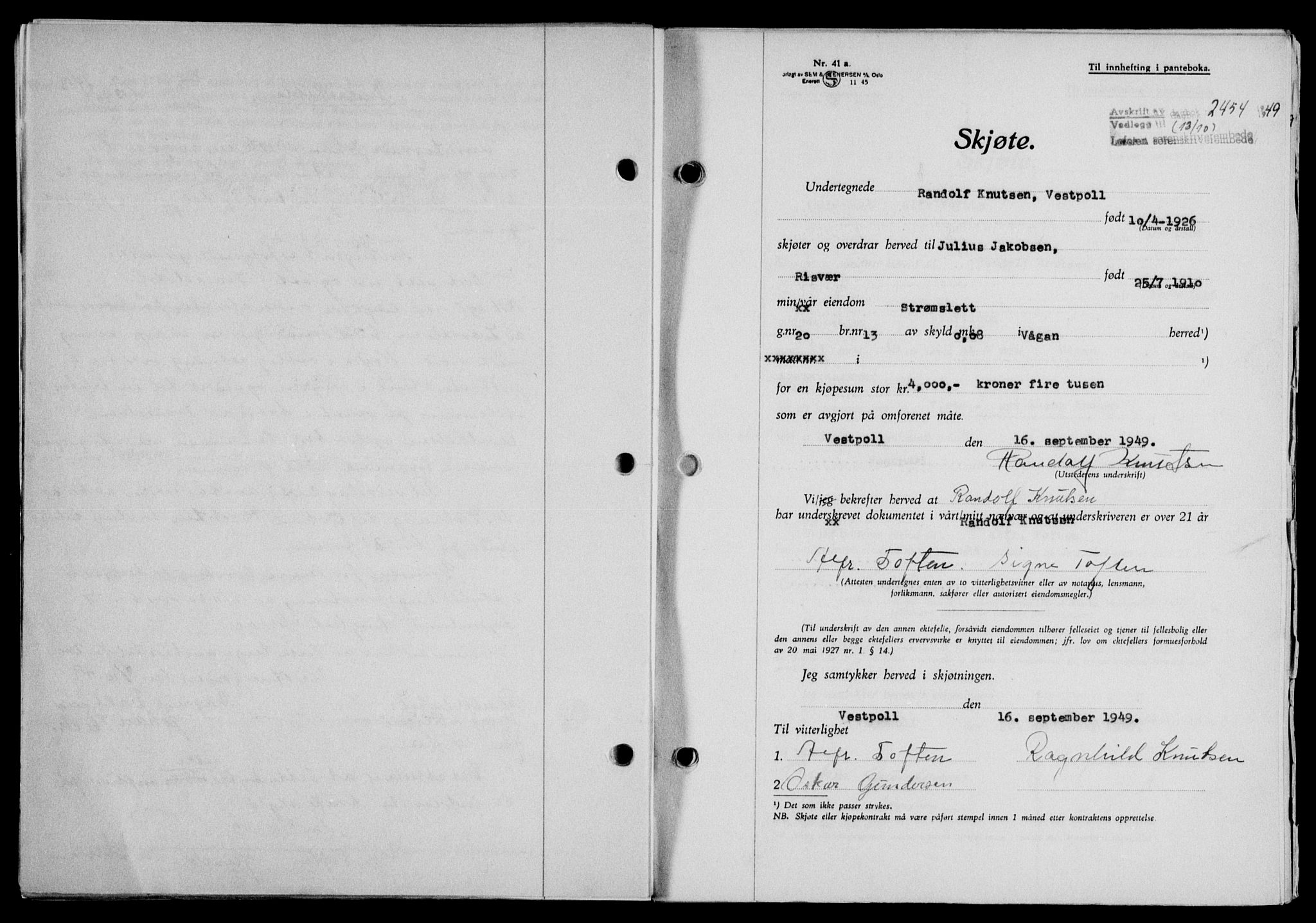 Lofoten sorenskriveri, SAT/A-0017/1/2/2C/L0022a: Mortgage book no. 22a, 1949-1950, Diary no: : 2454/1949