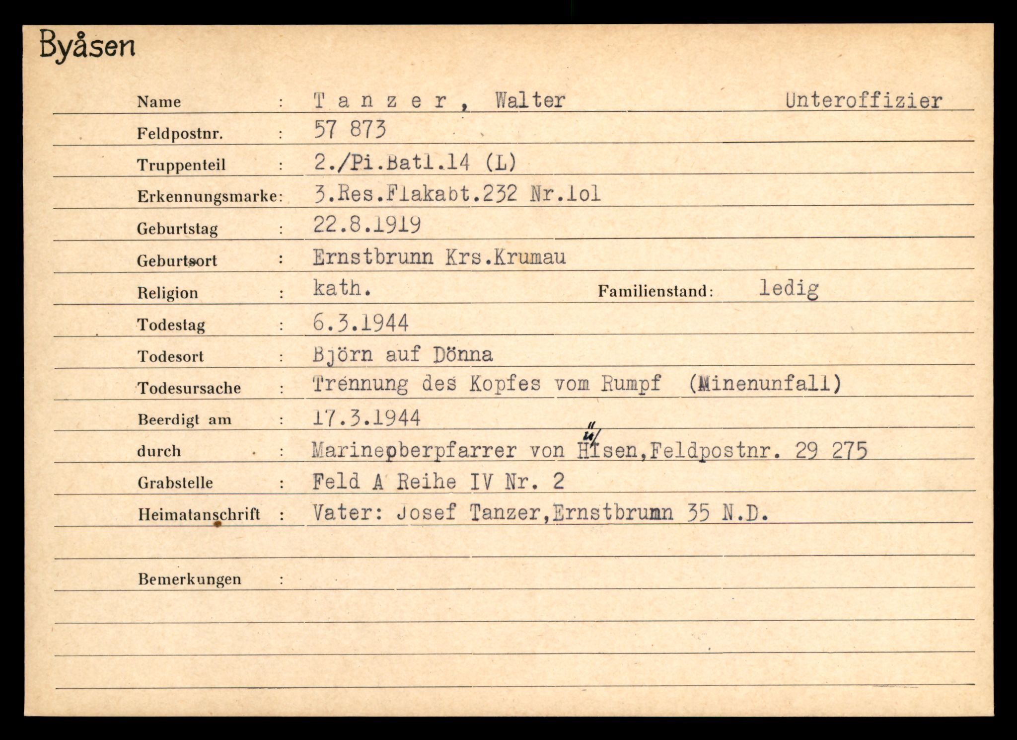 Distriktskontoret for krigsgraver, AV/SAT-A-5030/E/L0004: Kasett/kartotek over tysk Krigskirkegård på Byåsen, 1945, p. 1761