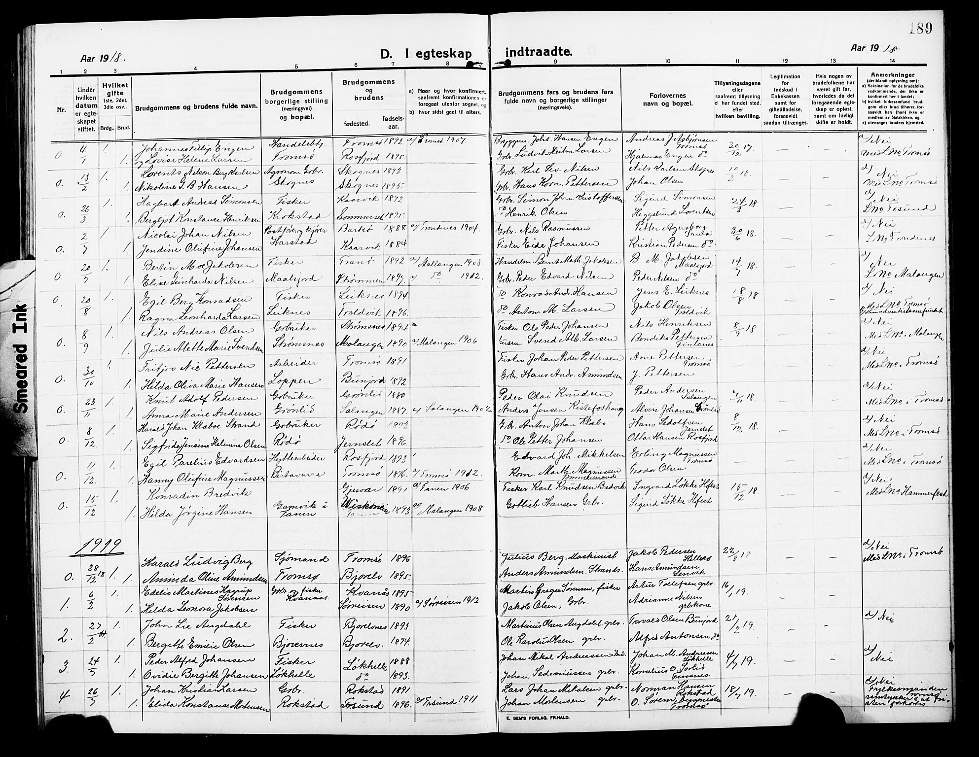 Lenvik sokneprestembete, AV/SATØ-S-1310/H/Ha/Hab/L0009klokker: Parish register (copy) no. 9, 1912-1926, p. 189
