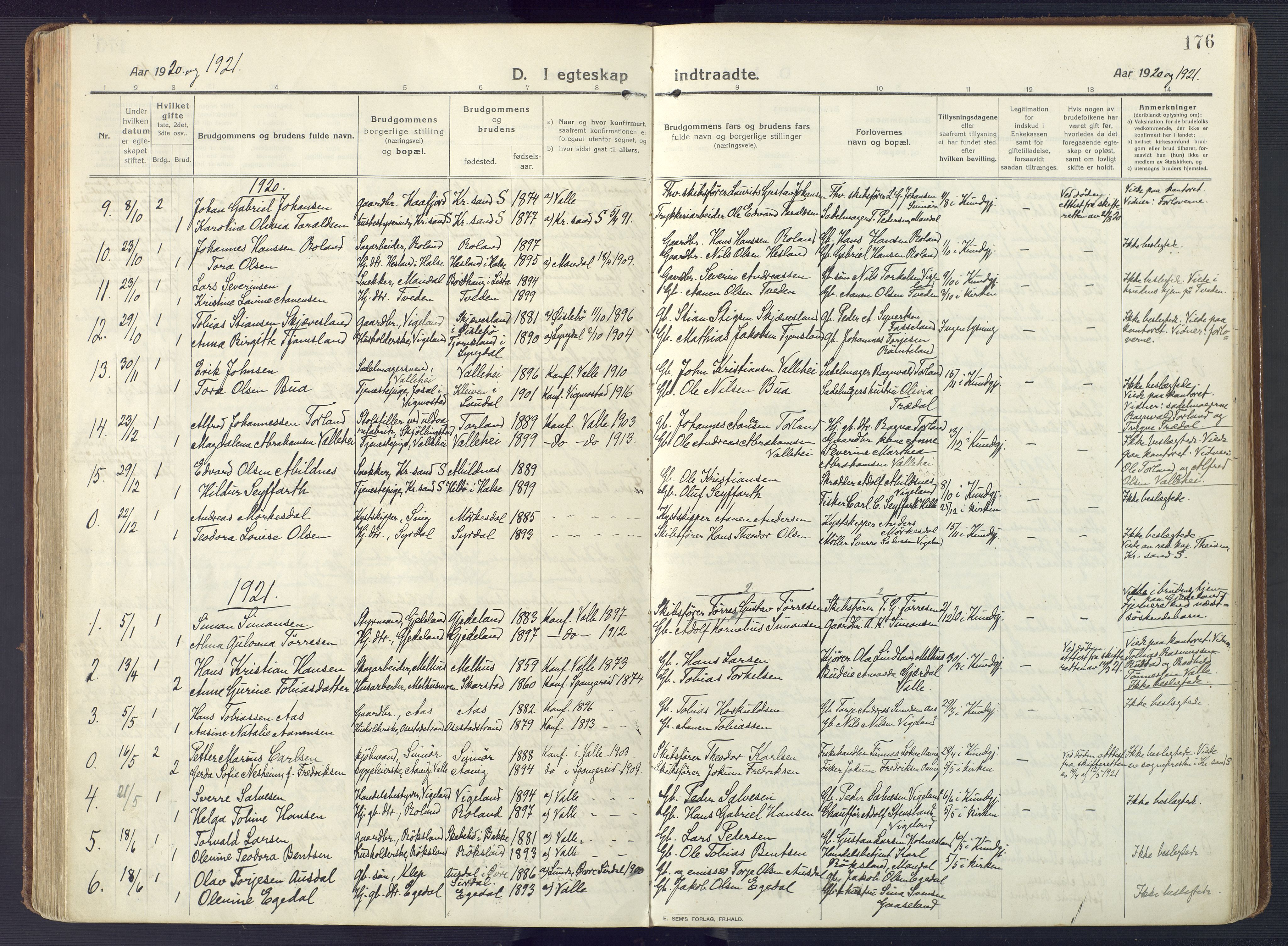 Sør-Audnedal sokneprestkontor, SAK/1111-0039/F/Fa/Fab/L0011: Parish register (official) no. A 11, 1912-1938, p. 176