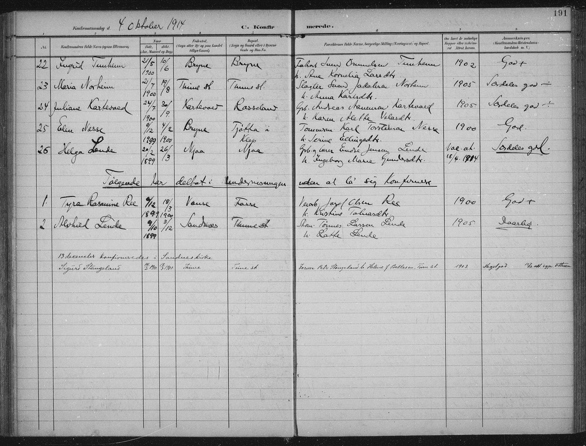Lye sokneprestkontor, SAST/A-101794/002/A/L0001: Parish register (official) no. A 12, 1904-1920, p. 191