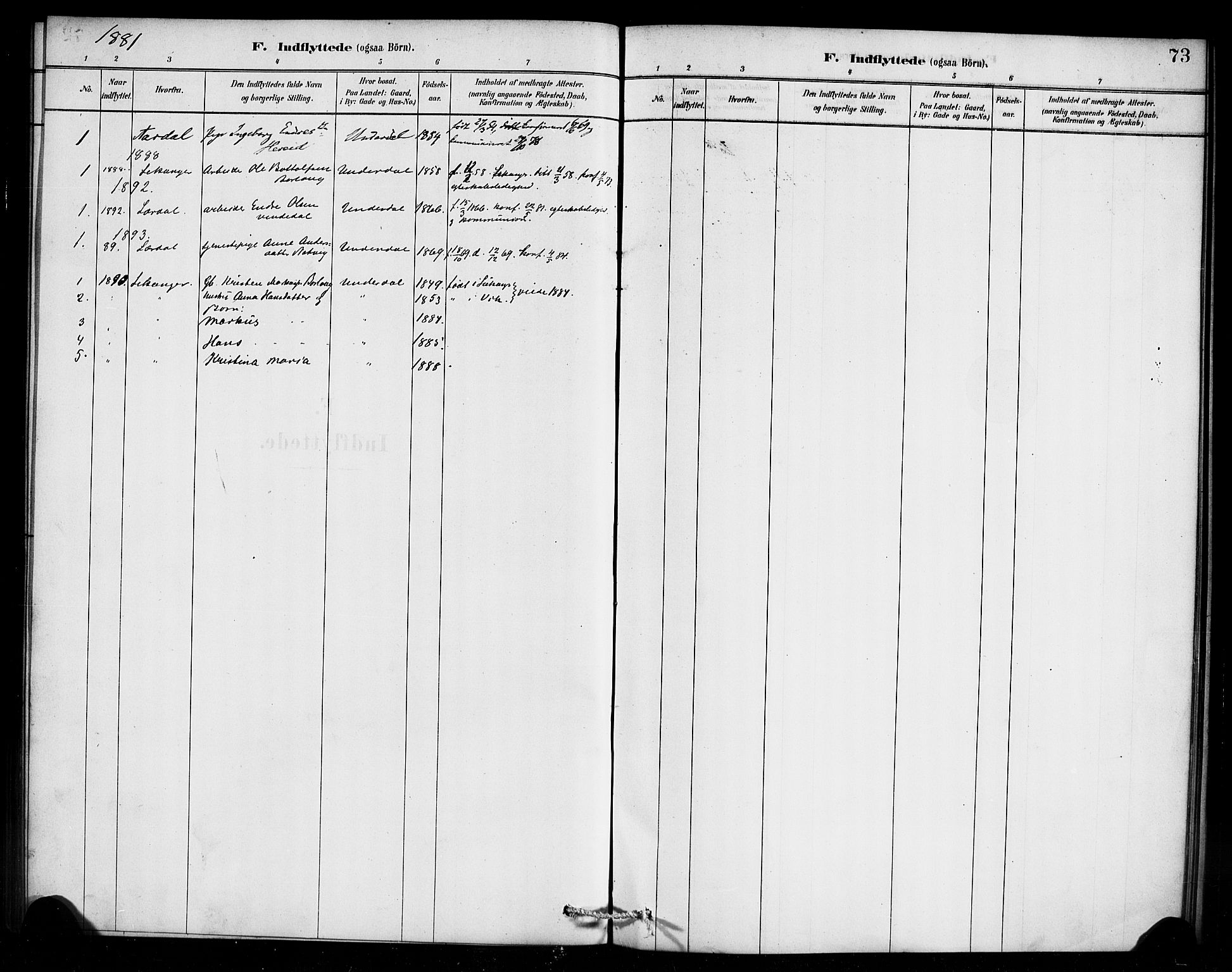 Aurland sokneprestembete, SAB/A-99937/H/Ha/Hae/L0001: Parish register (official) no. E 1, 1880-1907, p. 73