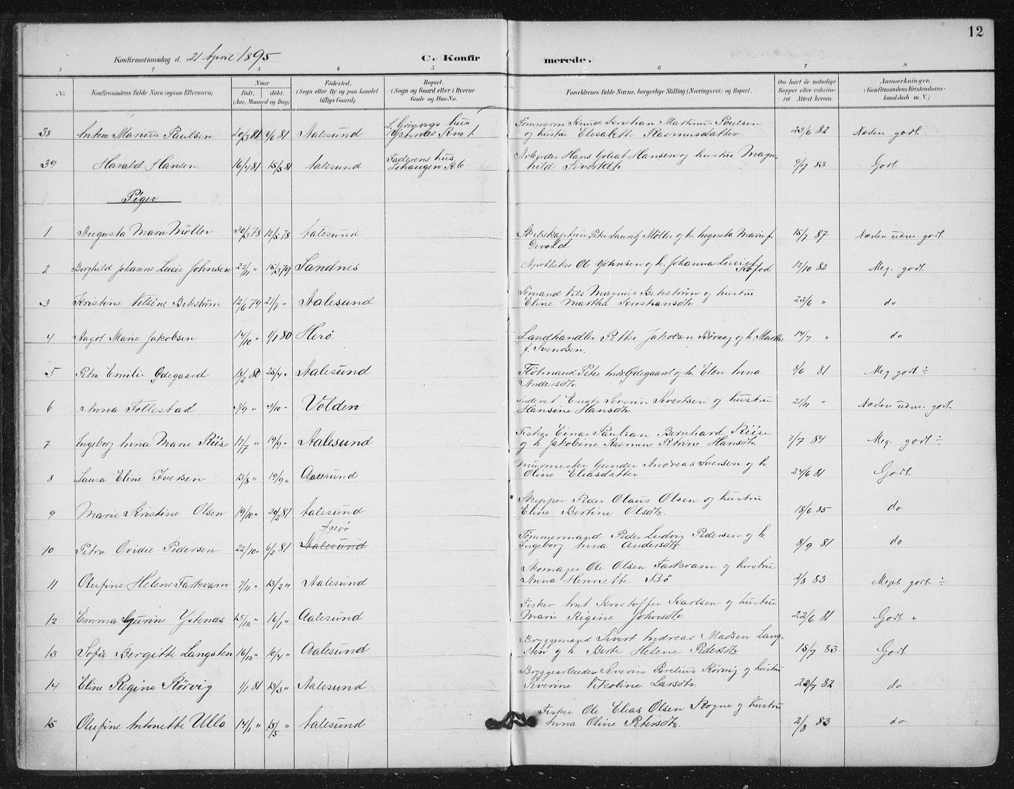 Ministerialprotokoller, klokkerbøker og fødselsregistre - Møre og Romsdal, AV/SAT-A-1454/529/L0457: Parish register (official) no. 529A07, 1894-1903, p. 12