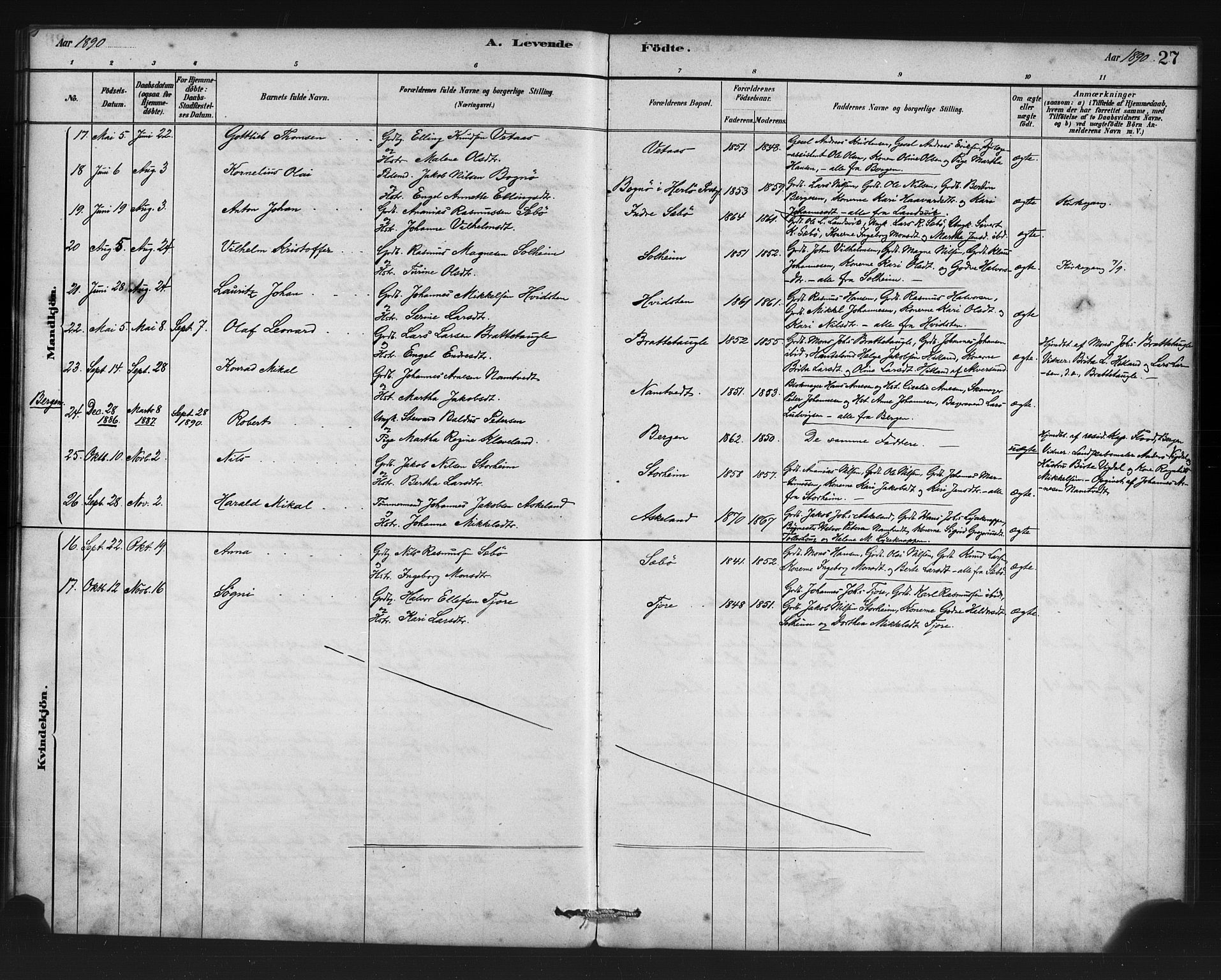 Manger sokneprestembete, AV/SAB-A-76801/H/Haa: Parish register (official) no. D 1, 1881-1892, p. 27