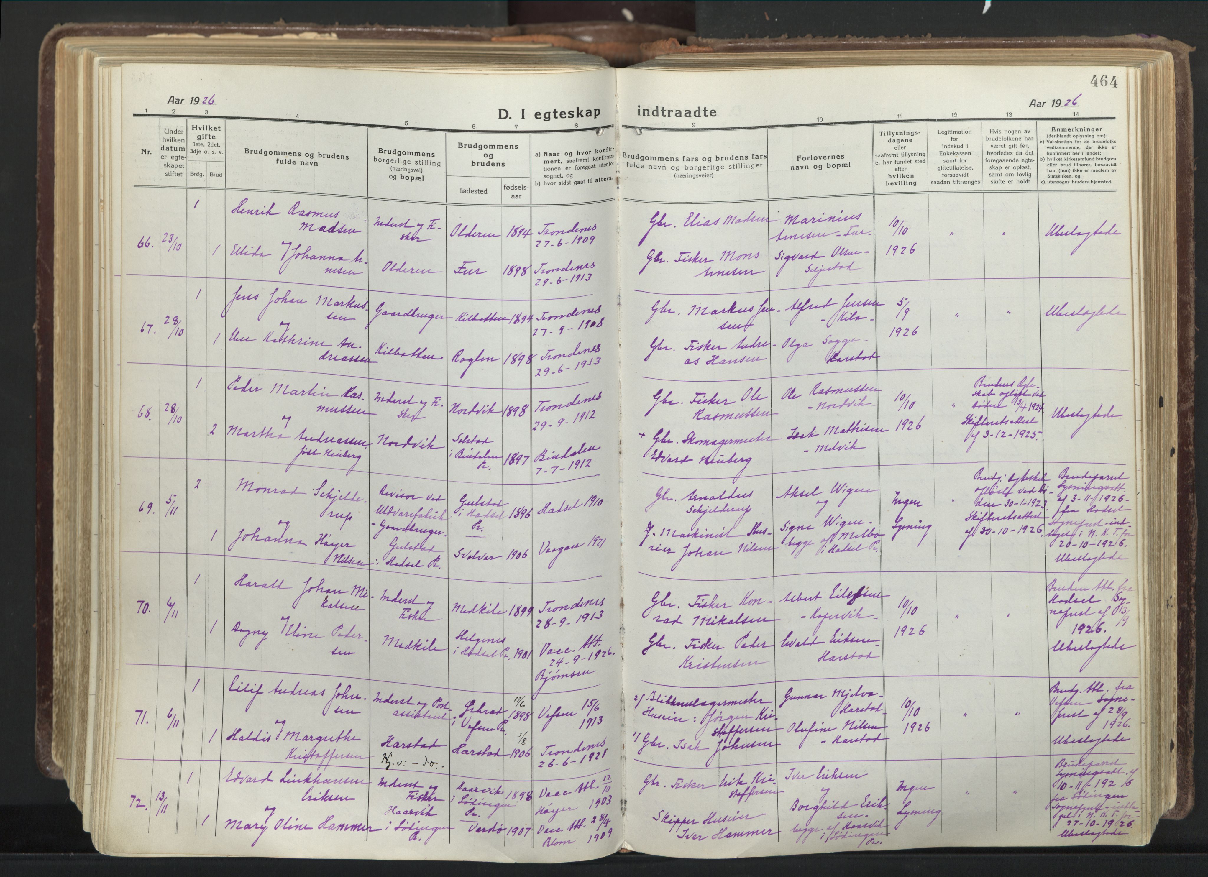 Trondenes sokneprestkontor, SATØ/S-1319/H/Ha/L0019kirke: Parish register (official) no. 19, 1919-1928, p. 464