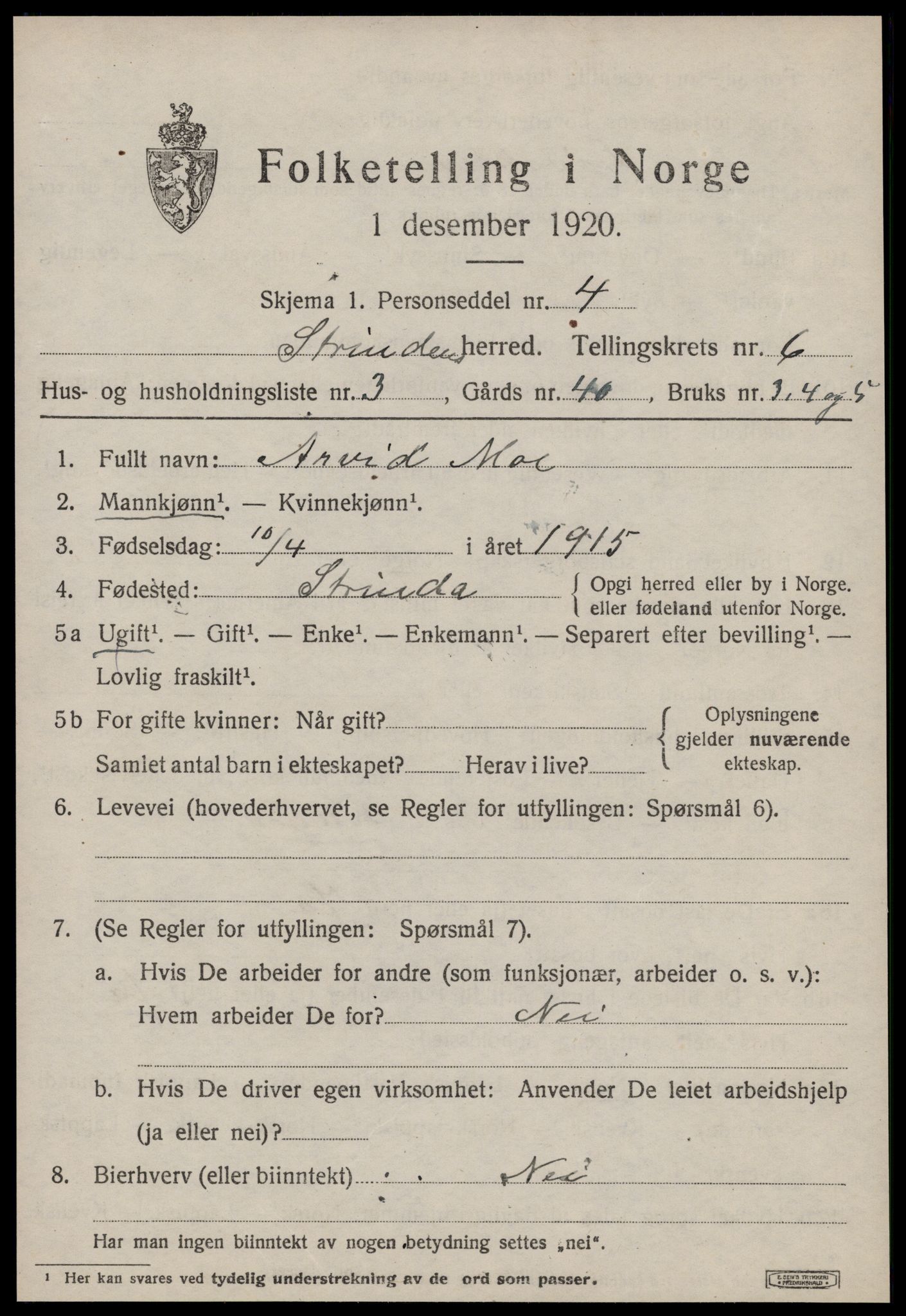 SAT, 1920 census for Strinda, 1920, p. 14472