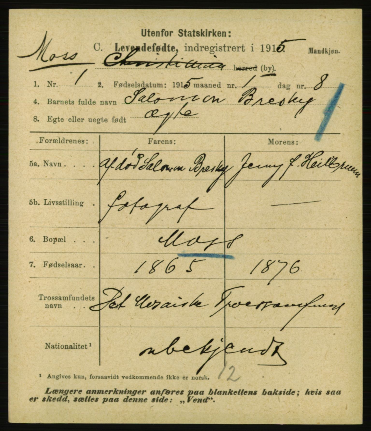 Statistisk sentralbyrå, Sosiodemografiske emner, Befolkning, AV/RA-S-2228/E/L0013: Fødte, gifte, døde dissentere., 1915, p. 5