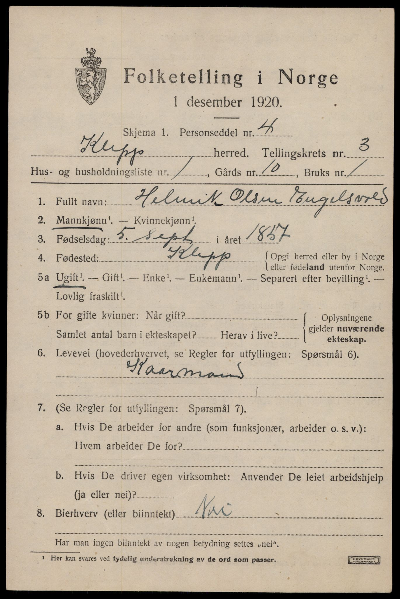 SAST, 1920 census for Klepp, 1920, p. 3190