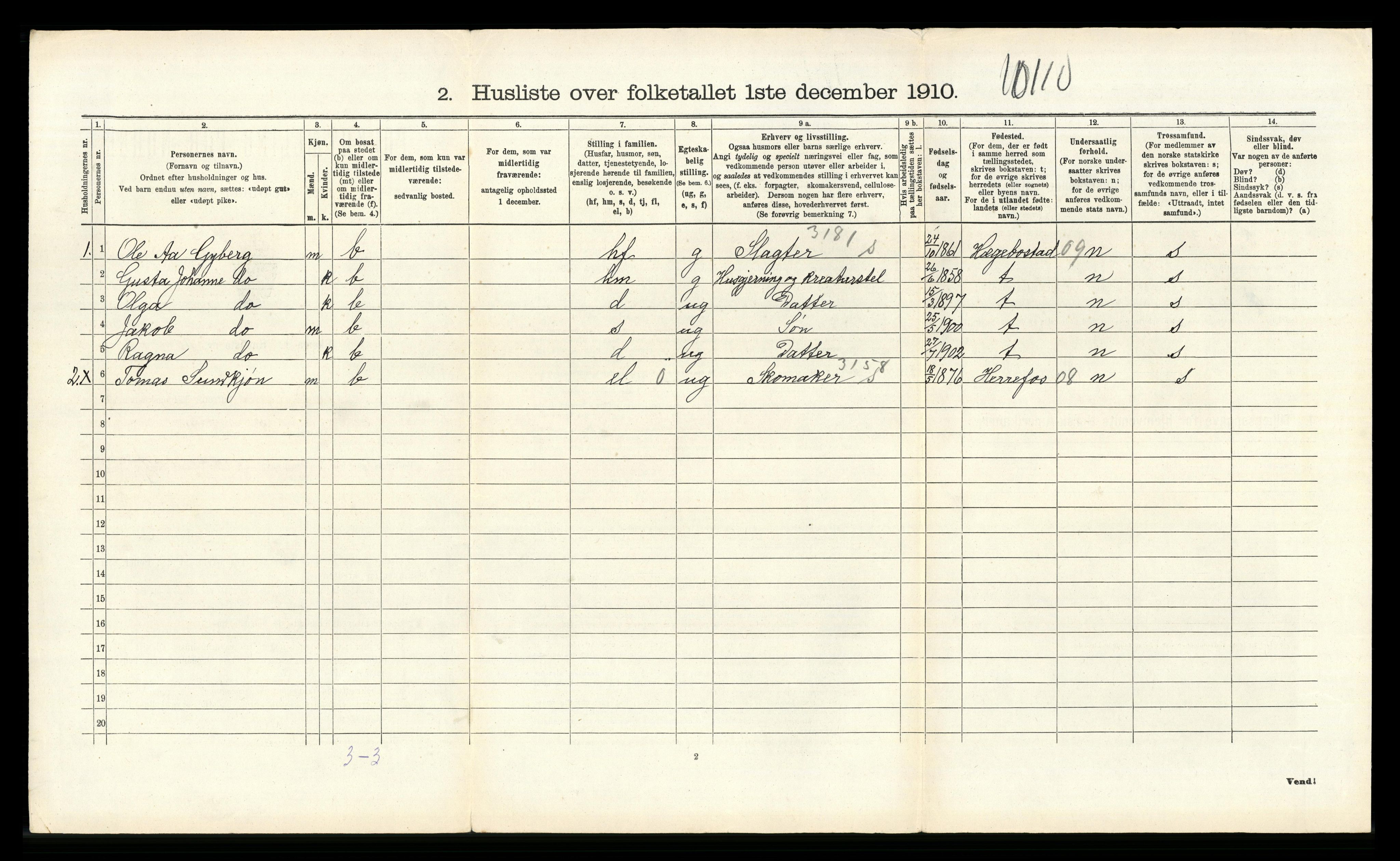 RA, 1910 census for Birkenes, 1910, p. 481