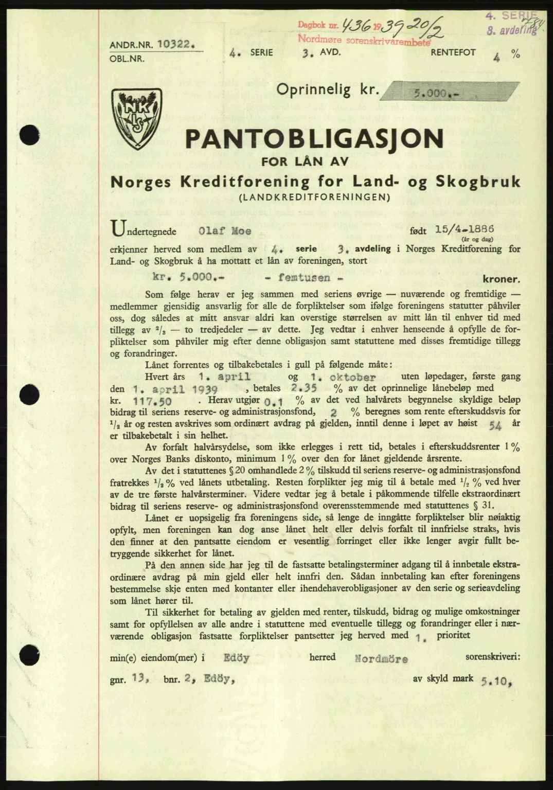Nordmøre sorenskriveri, SAT/A-4132/1/2/2Ca: Mortgage book no. B84, 1938-1939, Diary no: : 436/1939