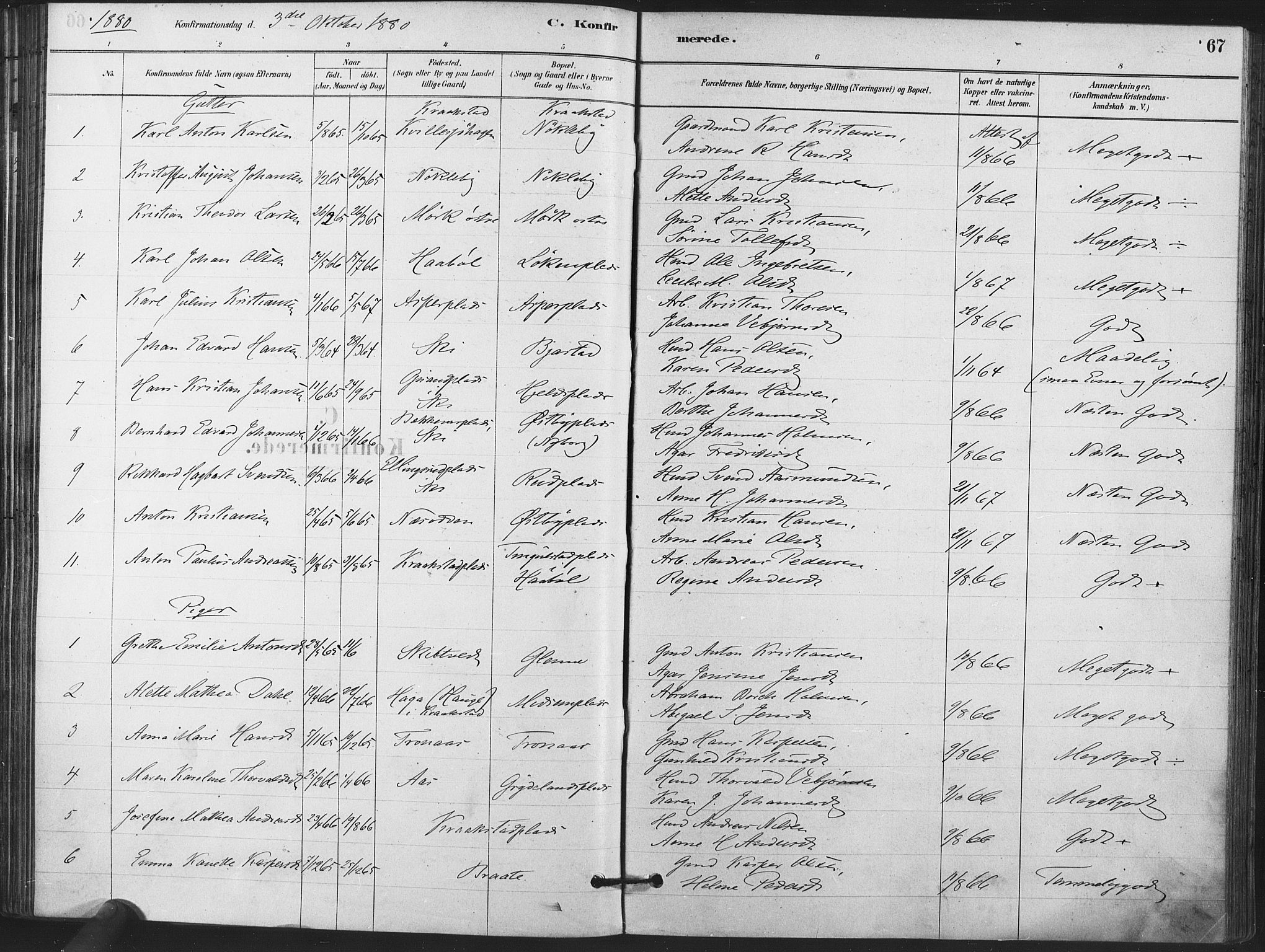 Kråkstad prestekontor Kirkebøker, AV/SAO-A-10125a/F/Fa/L0009: Parish register (official) no. I 9, 1880-1892, p. 67