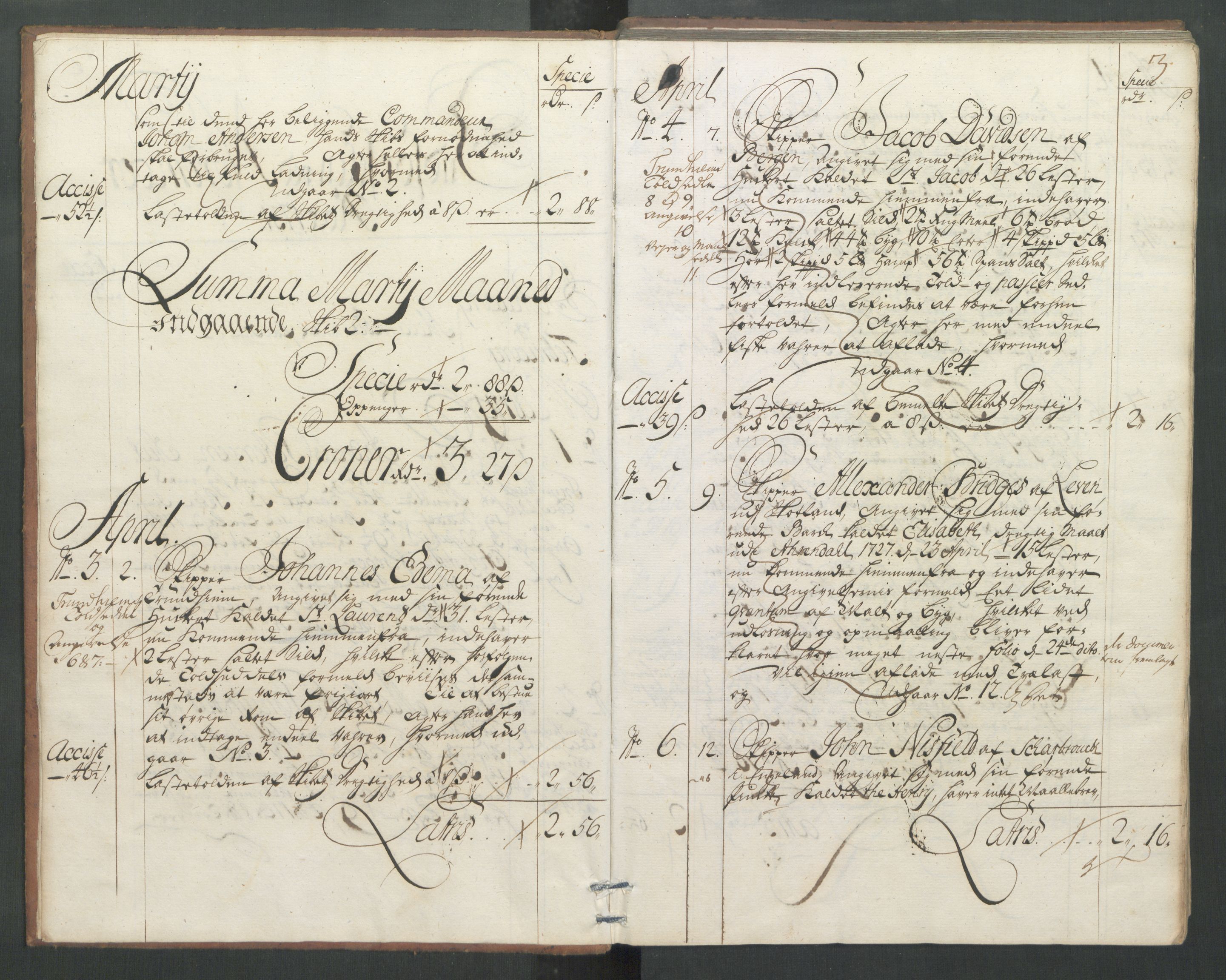 Generaltollkammeret, tollregnskaper, AV/RA-EA-5490/R32/L0004/0001: Tollregnskaper Kristiansund / Hovedtollbok, 1731, p. 2b-3a