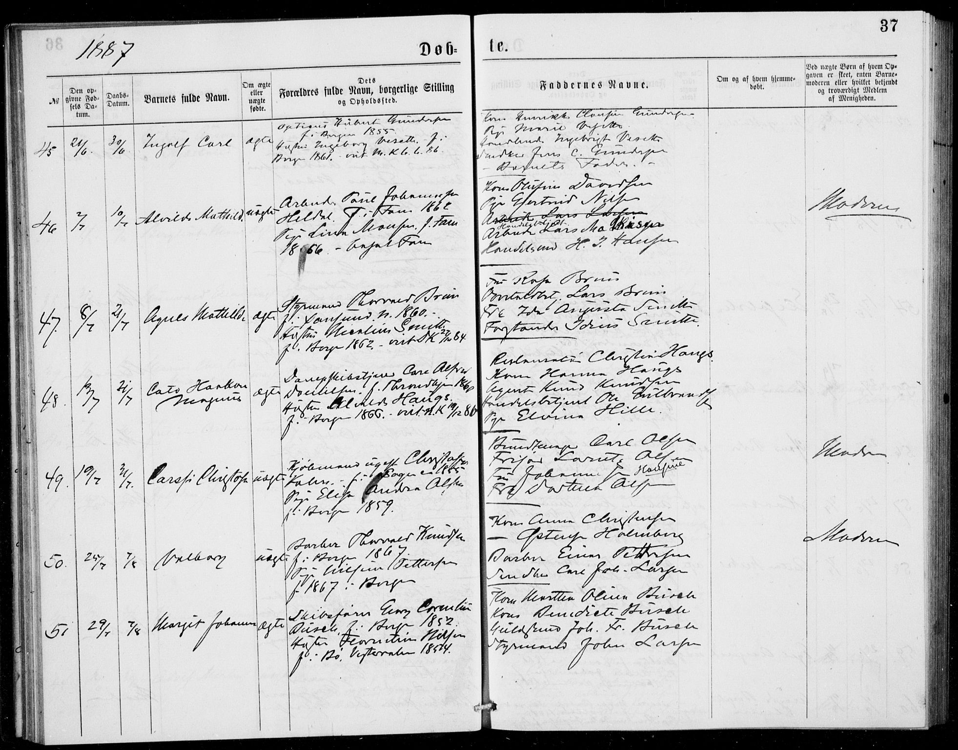 Fødselsstiftelsens sokneprestembete, ført av overlegen*, SAB/-: Parish register (official) no. A 2, 1884-1900, p. 37