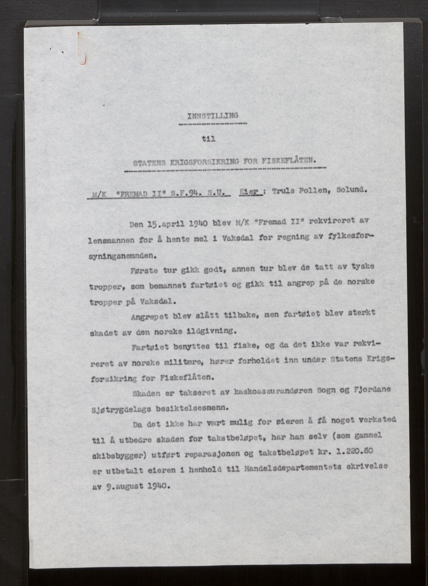 Fiskeridirektoratet - 1 Adm. ledelse - 13 Båtkontoret, AV/SAB-A-2003/La/L0058: Statens krigsforsikring for fiskeflåten, 1936-1971, p. 490
