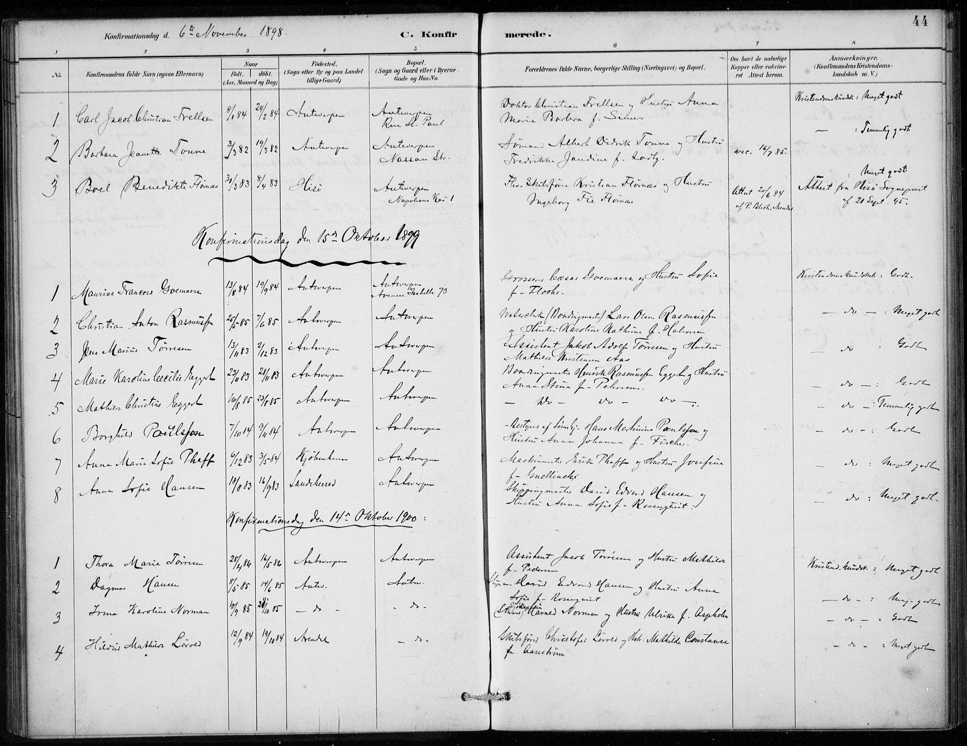 Den norske sjømannsmisjon i utlandet/Antwerpen, SAB/SAB/PA-0105/H/Ha/L0002: Parish register (official) no. A 2, 1887-1913, p. 44